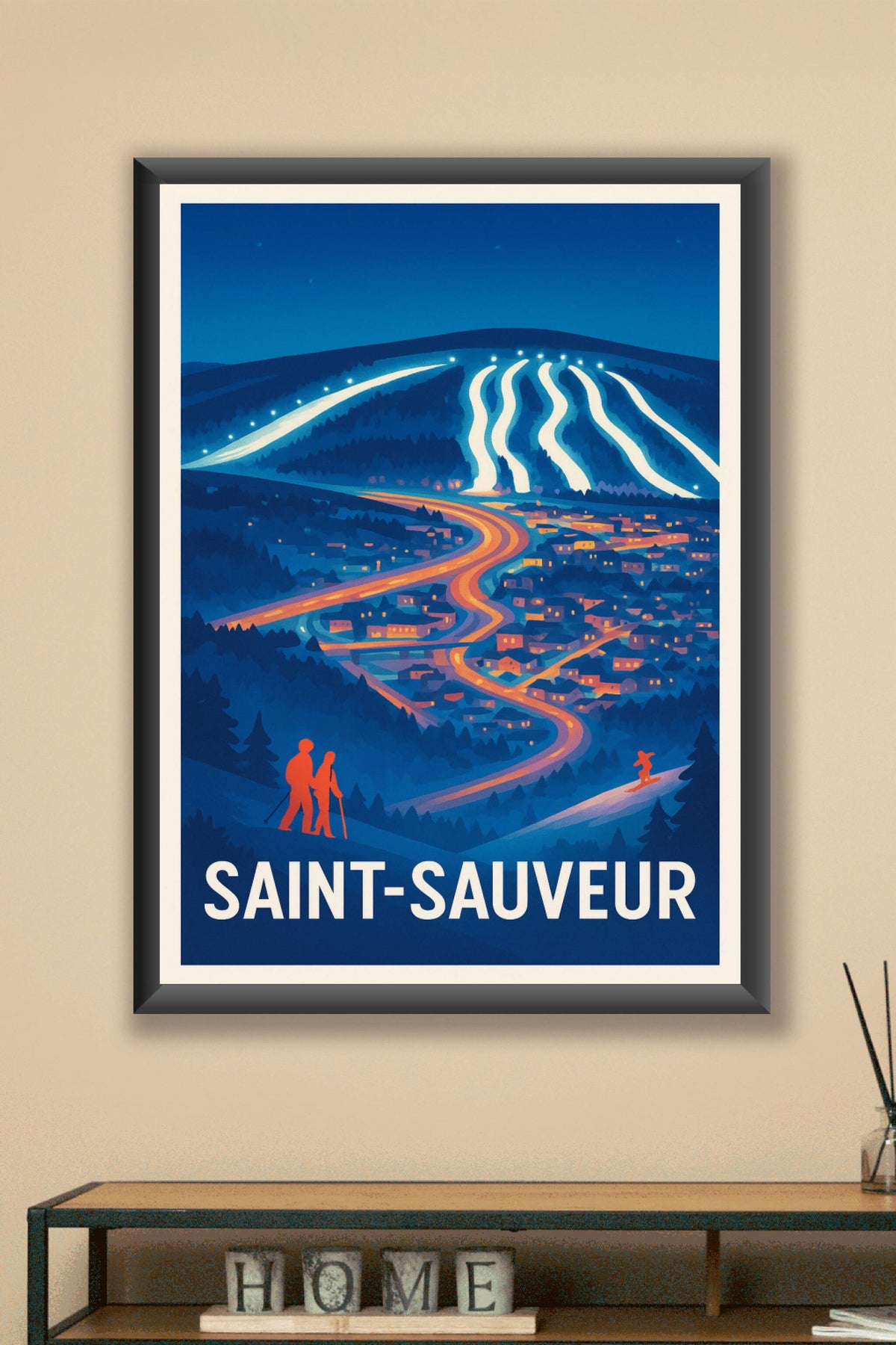 Affiche Saint-Sauveur — Nuit magique sur les pistes enneigées · poster d'art de Saint-Sauveur