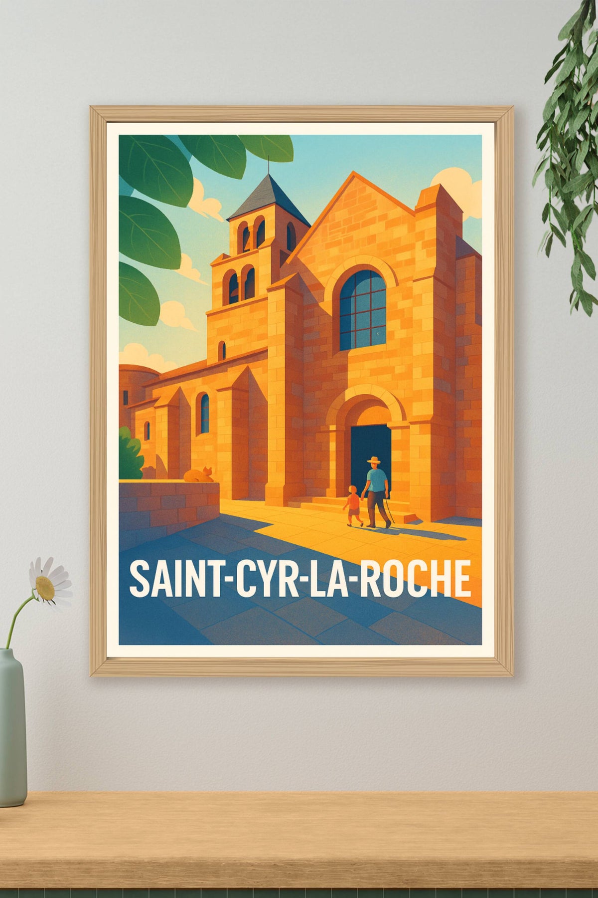 Affiche Saint-Cyr-la-Roche — Lumières dorées sur l'église historique · poster d'art de Saint-Cyr-la-Roche