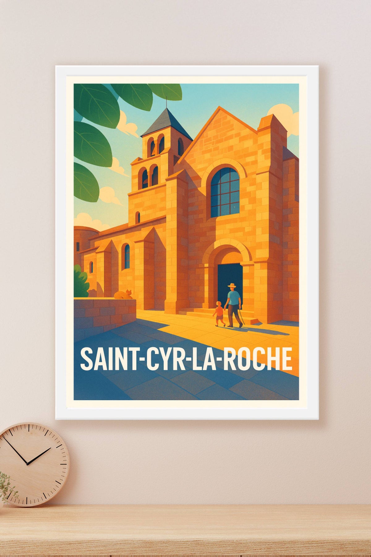 Affiche Saint-Cyr-la-Roche — Lumières dorées sur l'église historique · poster d'art de Saint-Cyr-la-Roche
