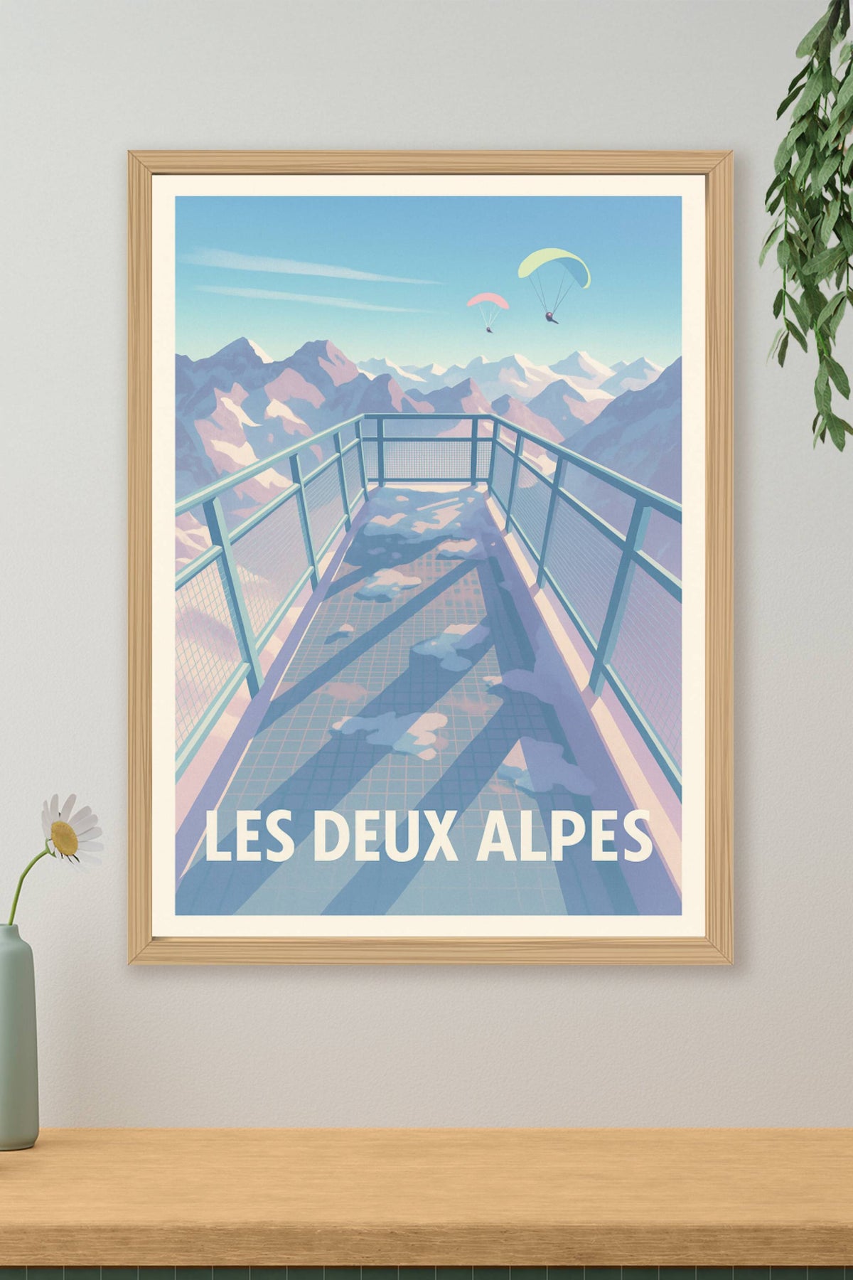 Affiche Les Deux Alpes — Panorama d'altitude et aventure aérienne · poster d'art de Les Deux Alpes