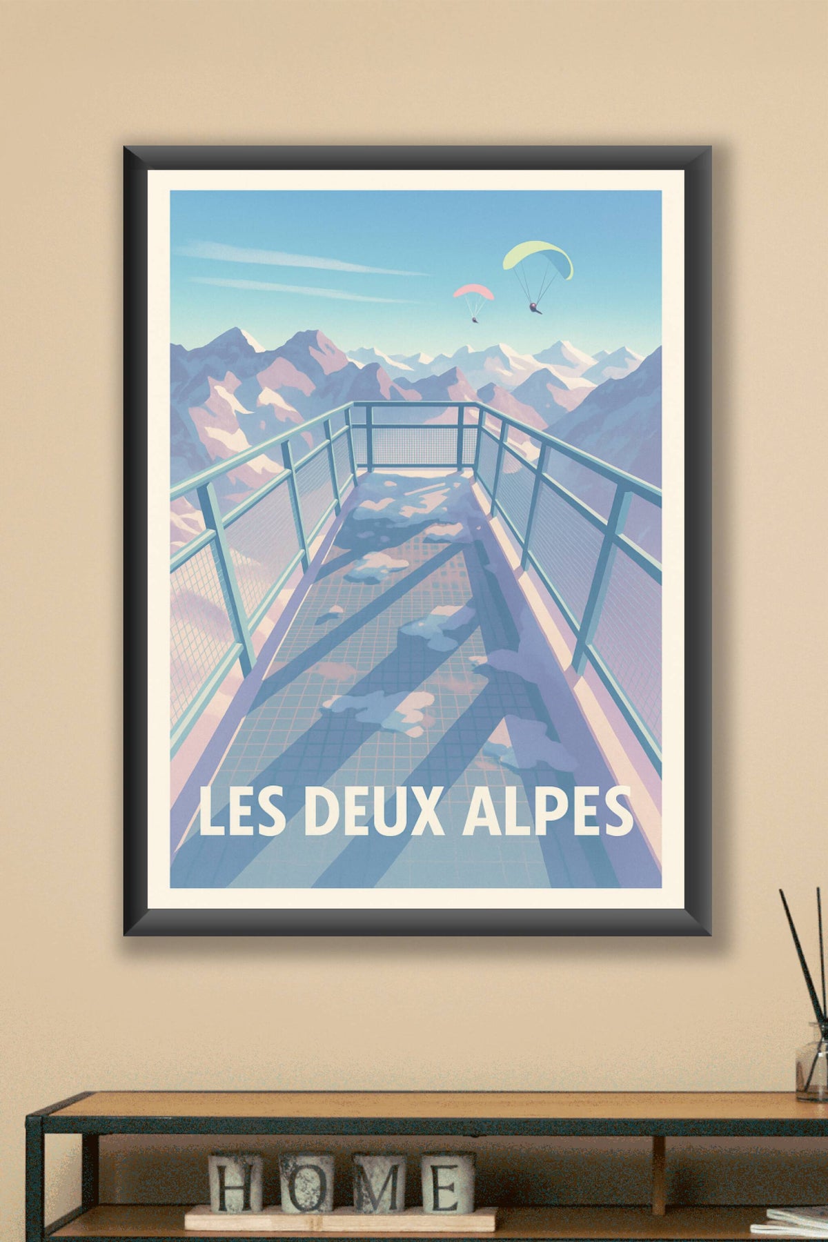 Affiche Les Deux Alpes — Panorama d'altitude et aventure aérienne · poster d'art de Les Deux Alpes