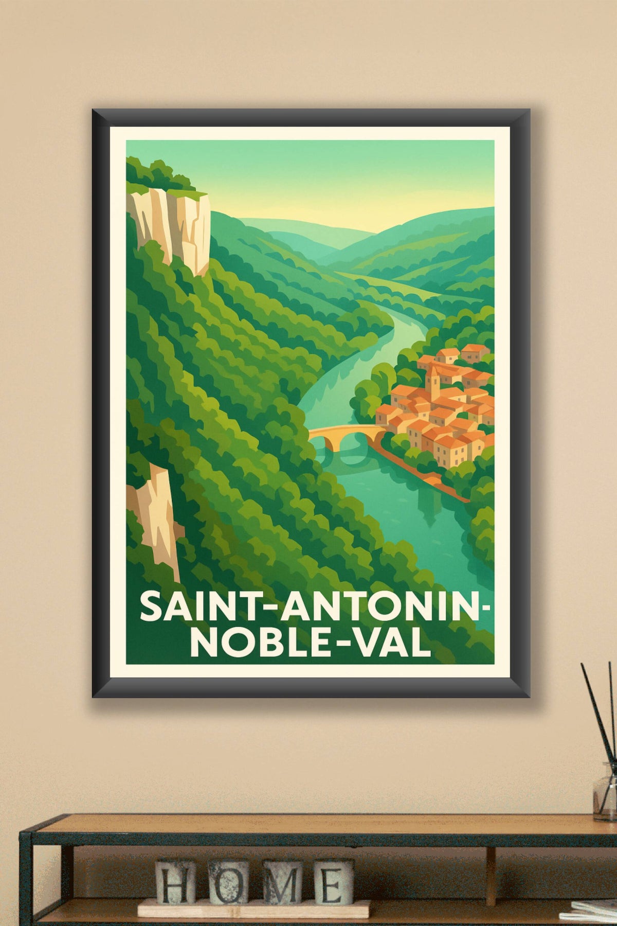 Affiche Saint-Antonin-Noble-Val — Charme et sérénité au fil de l'Aveyron · poster d'art de Saint-Antonin-Noble-Val