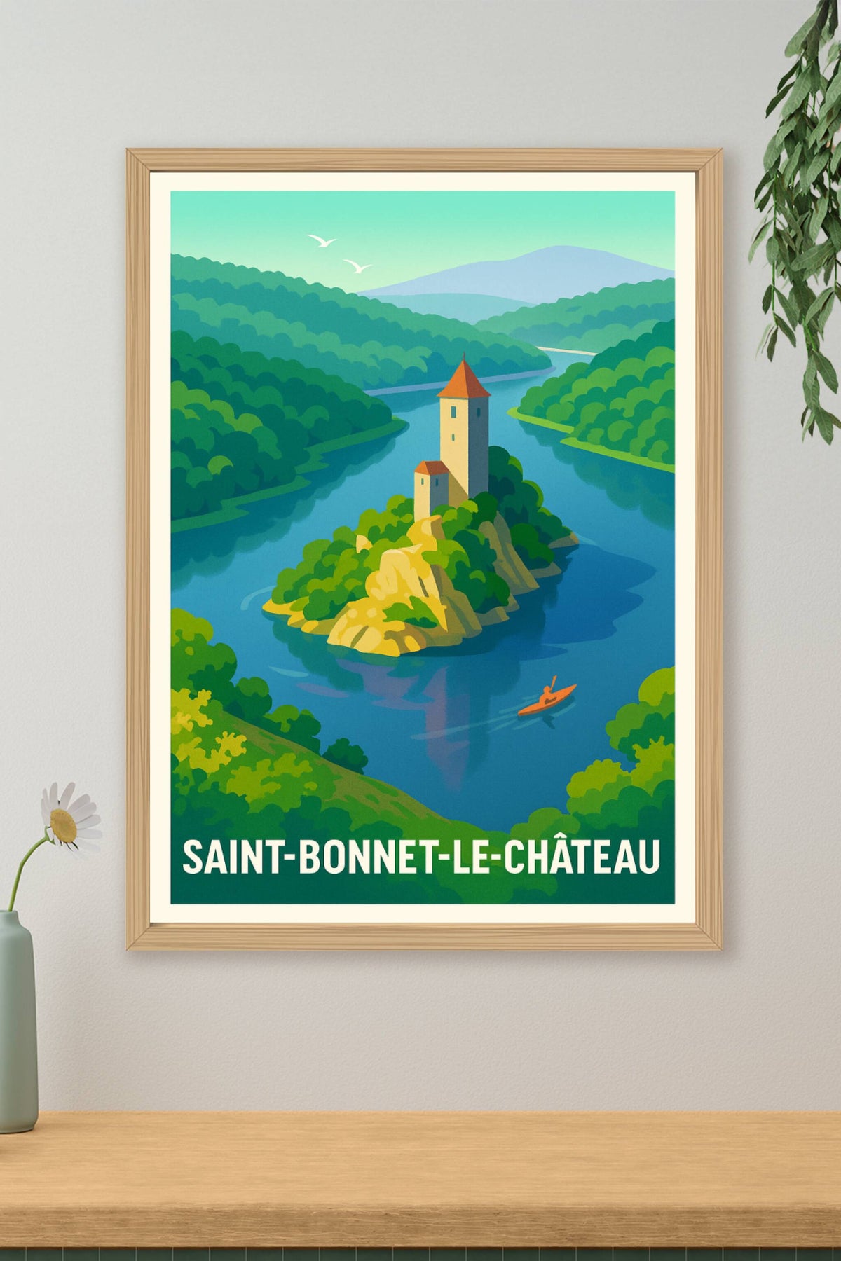 Affiche Saint-Bonnet-le-Château — Tranquillité entre rivière et château · poster d'art de Saint-Bonnet-le-Château