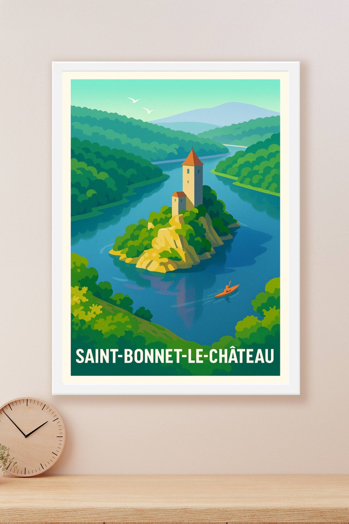 Affiche Saint-Bonnet-le-Château — Tranquillité entre rivière et château · poster d'art de Saint-Bonnet-le-Château