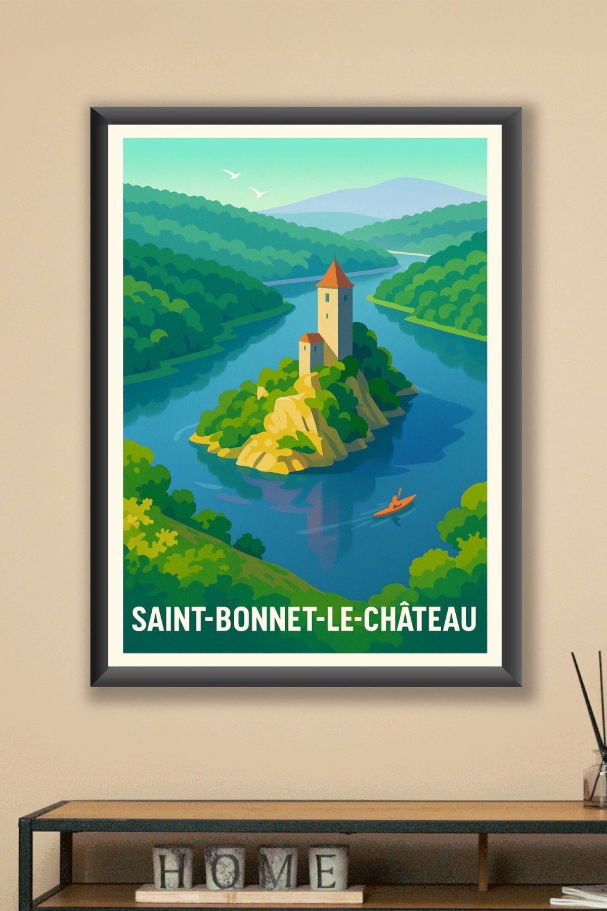 Affiche Saint-Bonnet-le-Château — Tranquillité entre rivière et château · poster d'art de Saint-Bonnet-le-Château