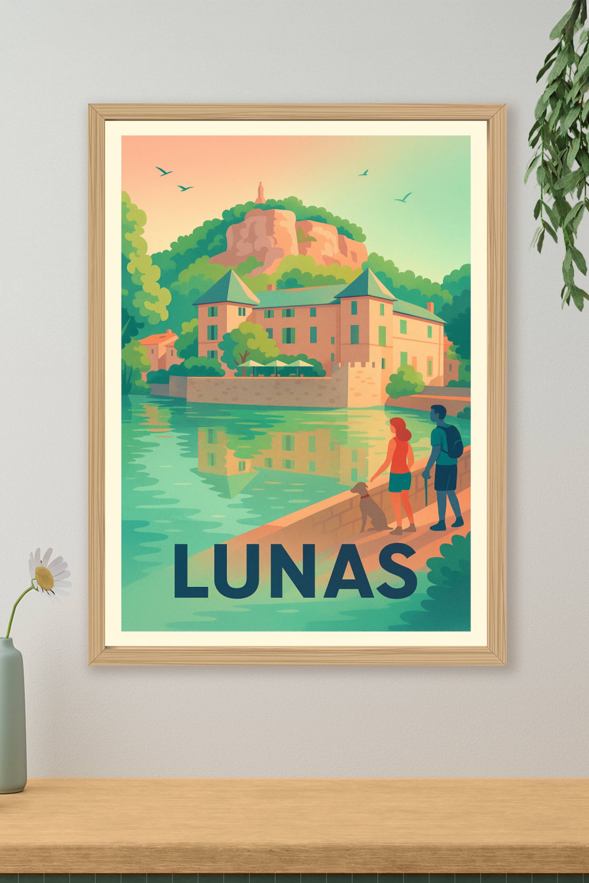 Affiche Lunas — Escapade paisible au bord de l'eau · poster d'art de Lunas