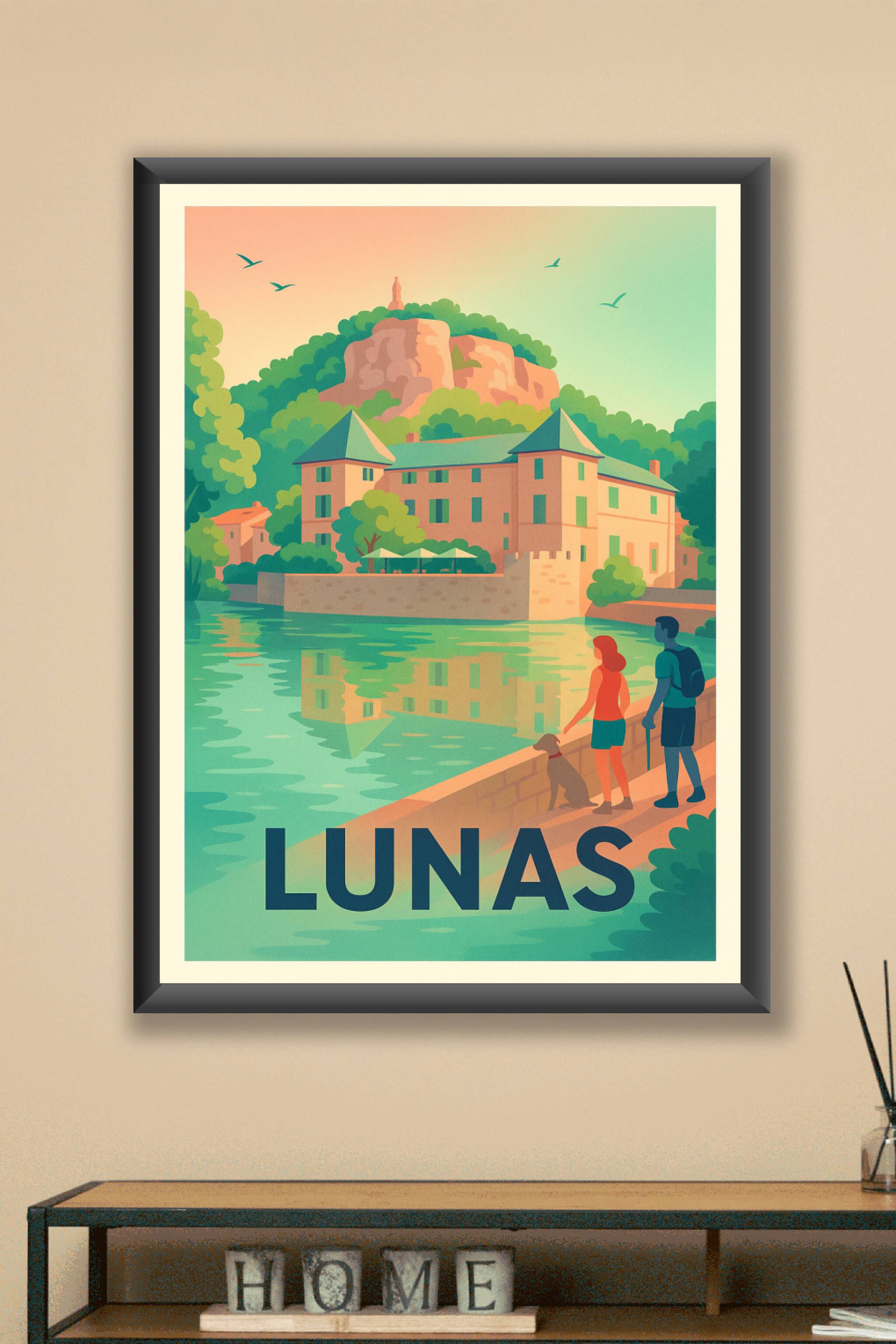 Affiche Lunas — Escapade paisible au bord de l'eau · poster d'art de Lunas