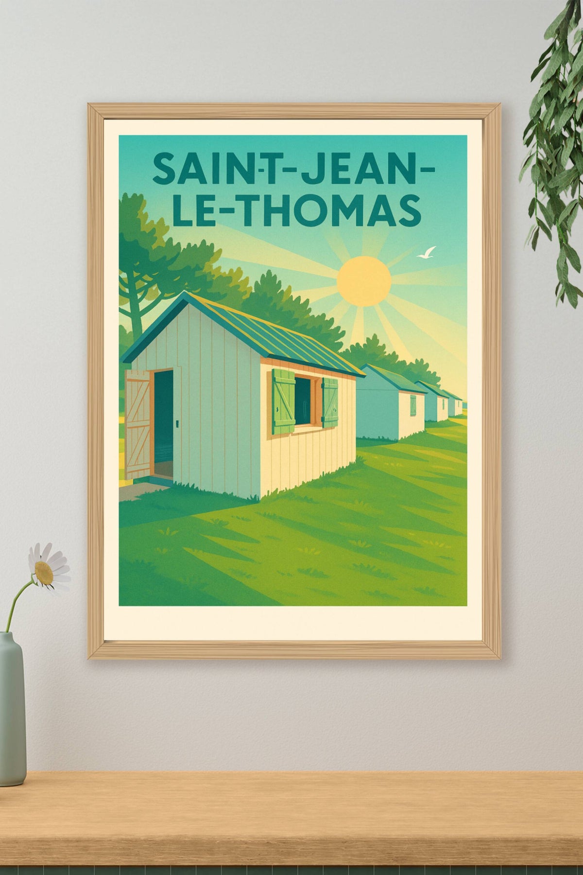 Affiche Saint-Jean-le-Thomas — Soleil et cabanes en bord de mer · poster d'art de Saint-Jean-le-Thomas