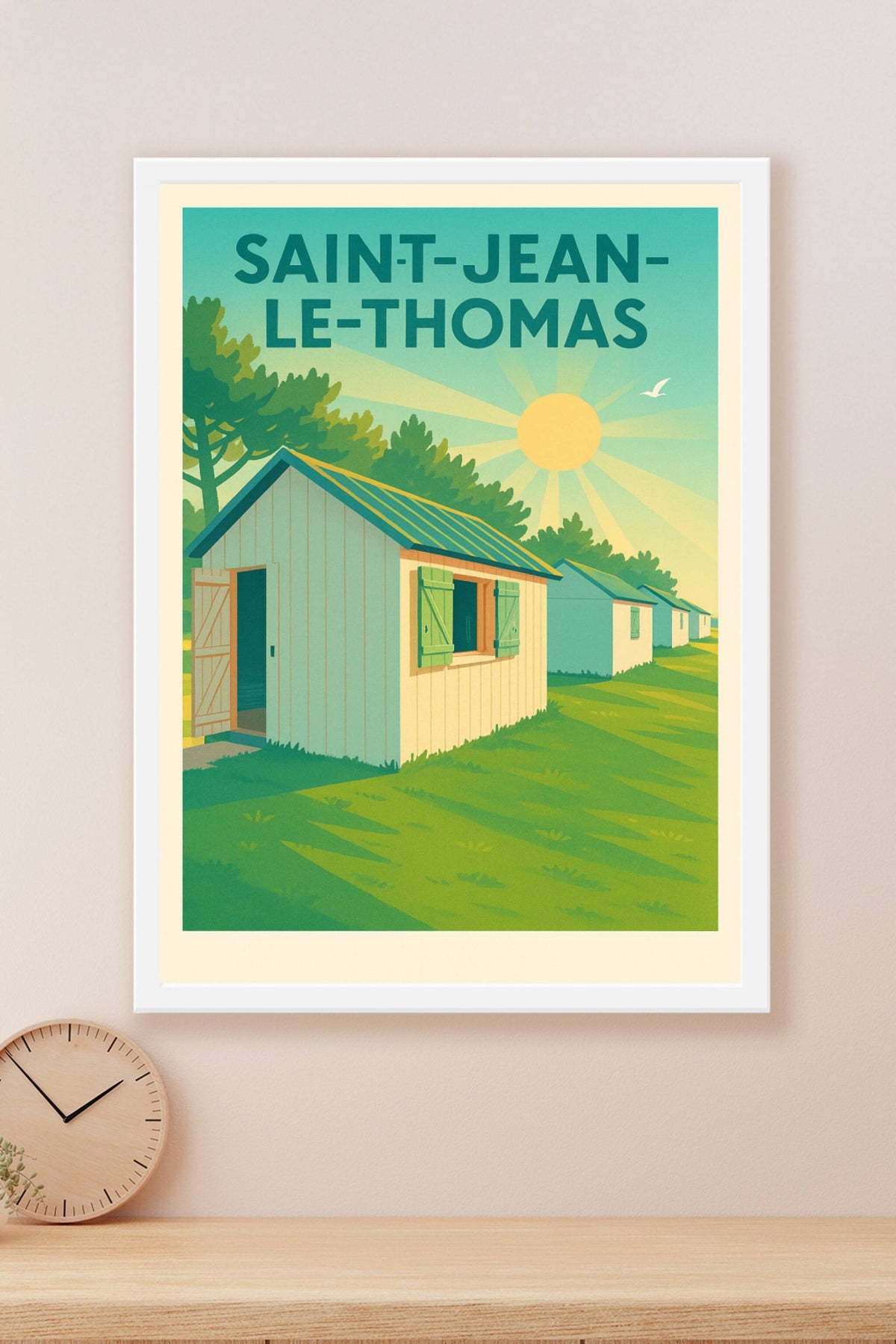 Affiche Saint-Jean-le-Thomas — Soleil et cabanes en bord de mer · poster d'art de Saint-Jean-le-Thomas