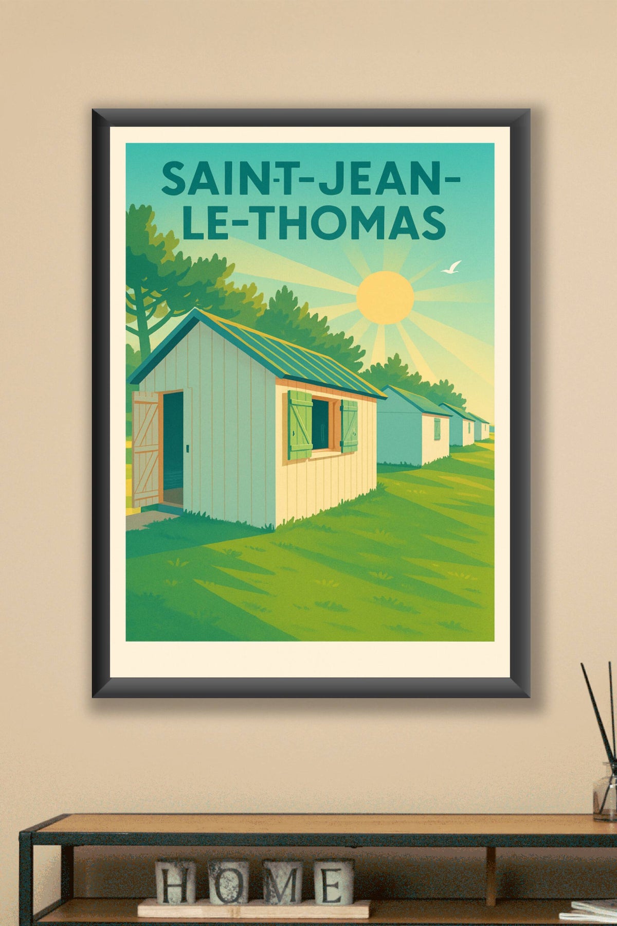 Affiche Saint-Jean-le-Thomas — Soleil et cabanes en bord de mer · poster d'art de Saint-Jean-le-Thomas