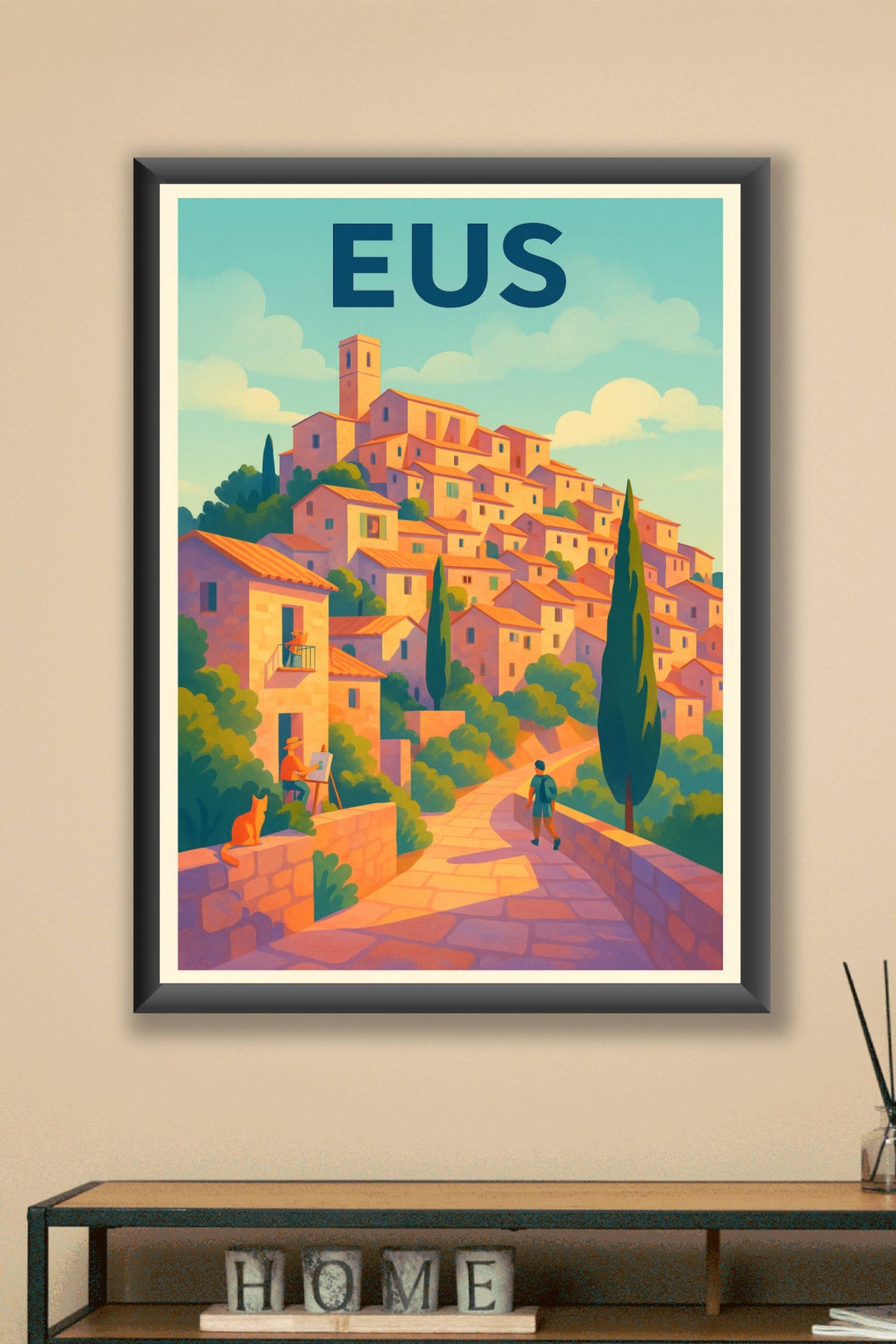 Affiche Eus — Village perché en lumière dorée · poster d'art de Eus