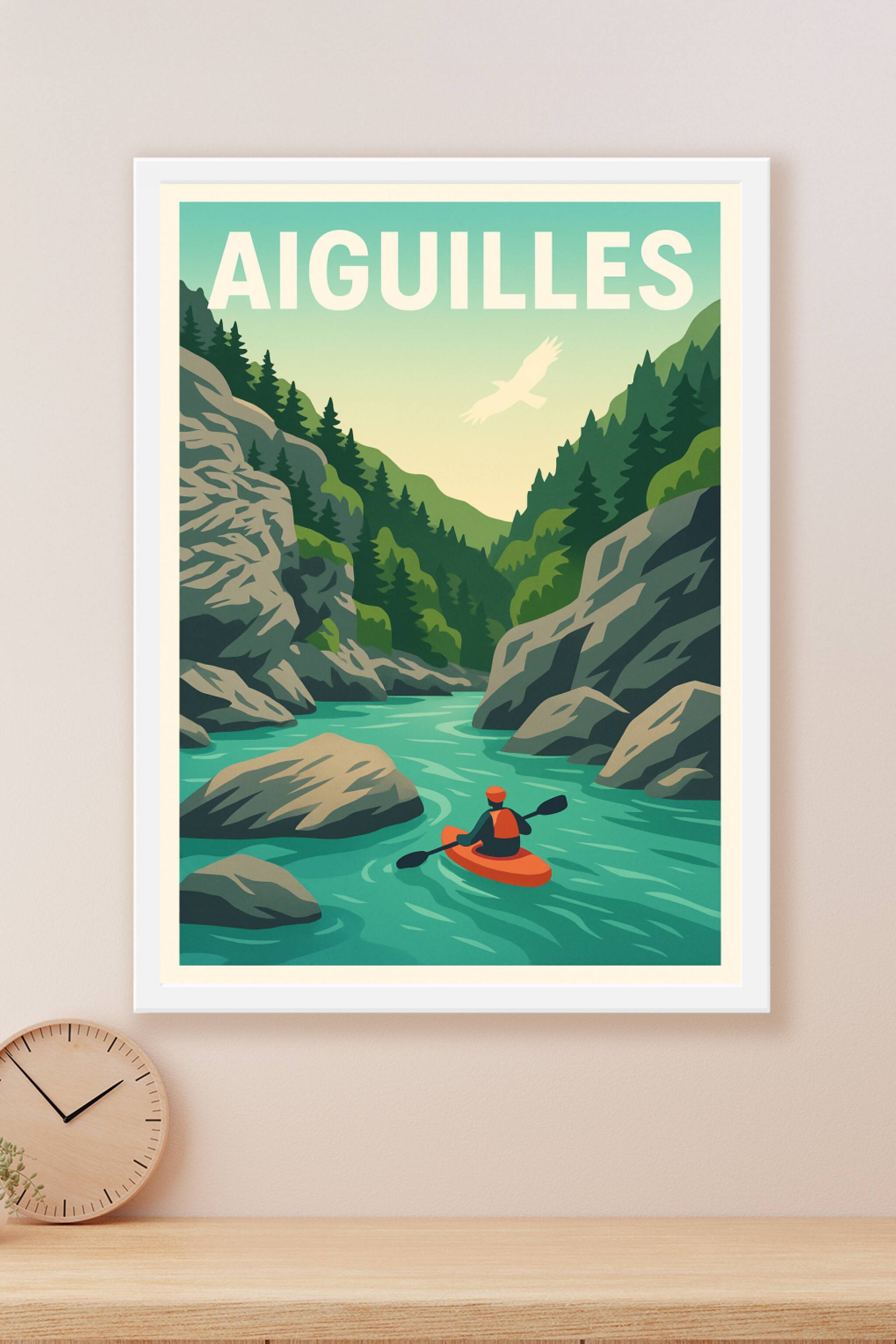 Affiche Aiguilles — Aventure entre montagnes et rivière · poster d'art de Aiguilles