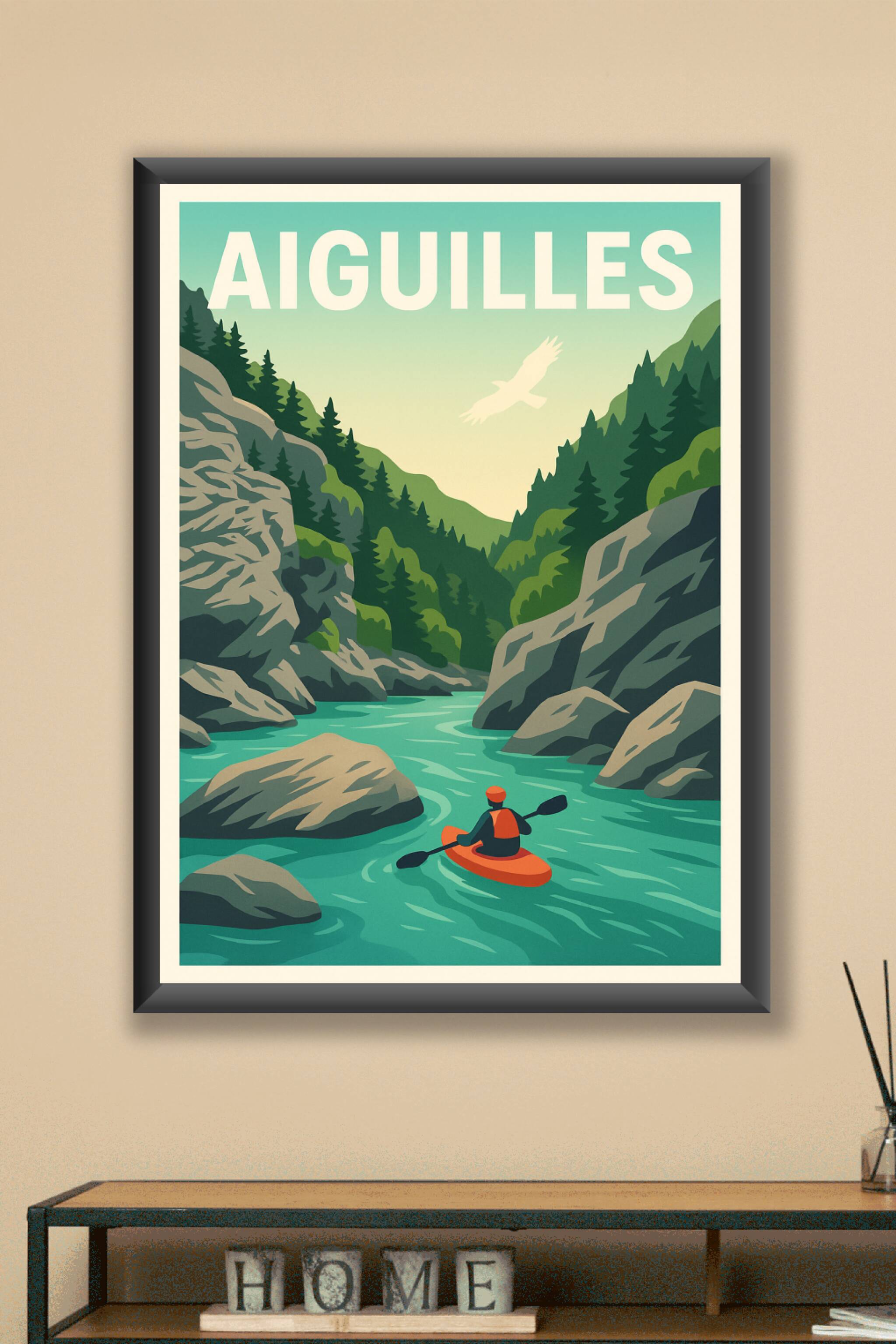 Affiche Aiguilles — Aventure entre montagnes et rivière · poster d'art de Aiguilles