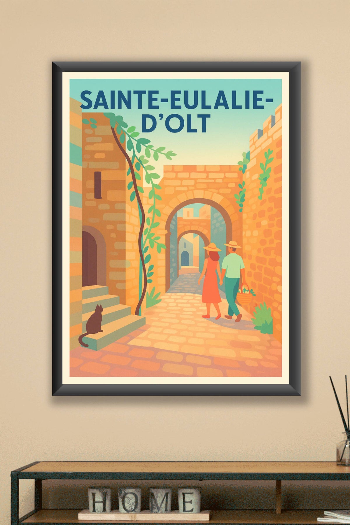 Affiche Sainte-Eulalie-d'Olt — Promenade au cœur du patrimoine médiéval · poster d'art de Sainte-Eulalie-d'Olt