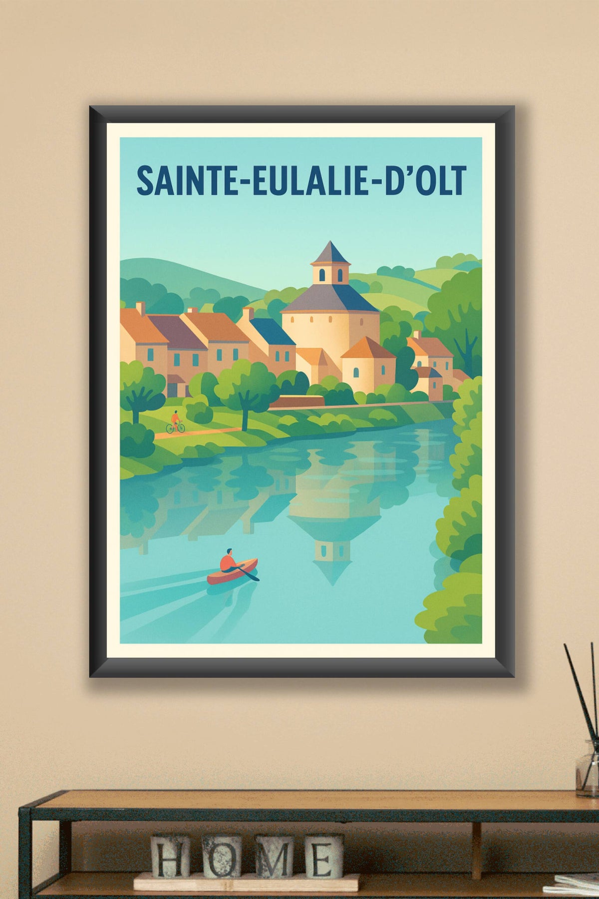 Affiche Sainte-Eulalie-d'Olt — Havre de paix au fil de l'eau · poster d'art de Sainte-Eulalie-d'Olt