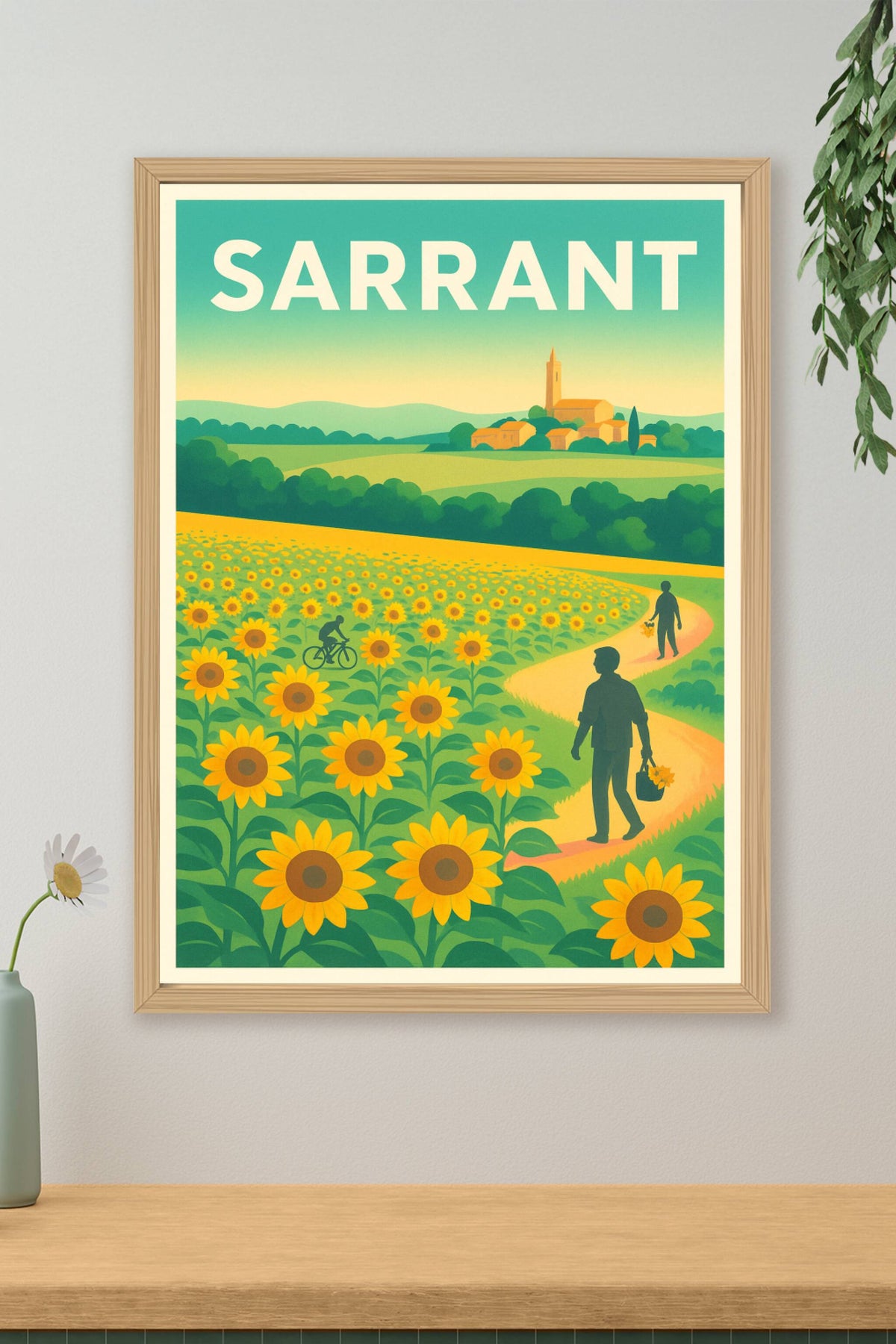 Affiche Sarrant — Promenade au cœur des champs de tournesols · poster d'art de Sarrant