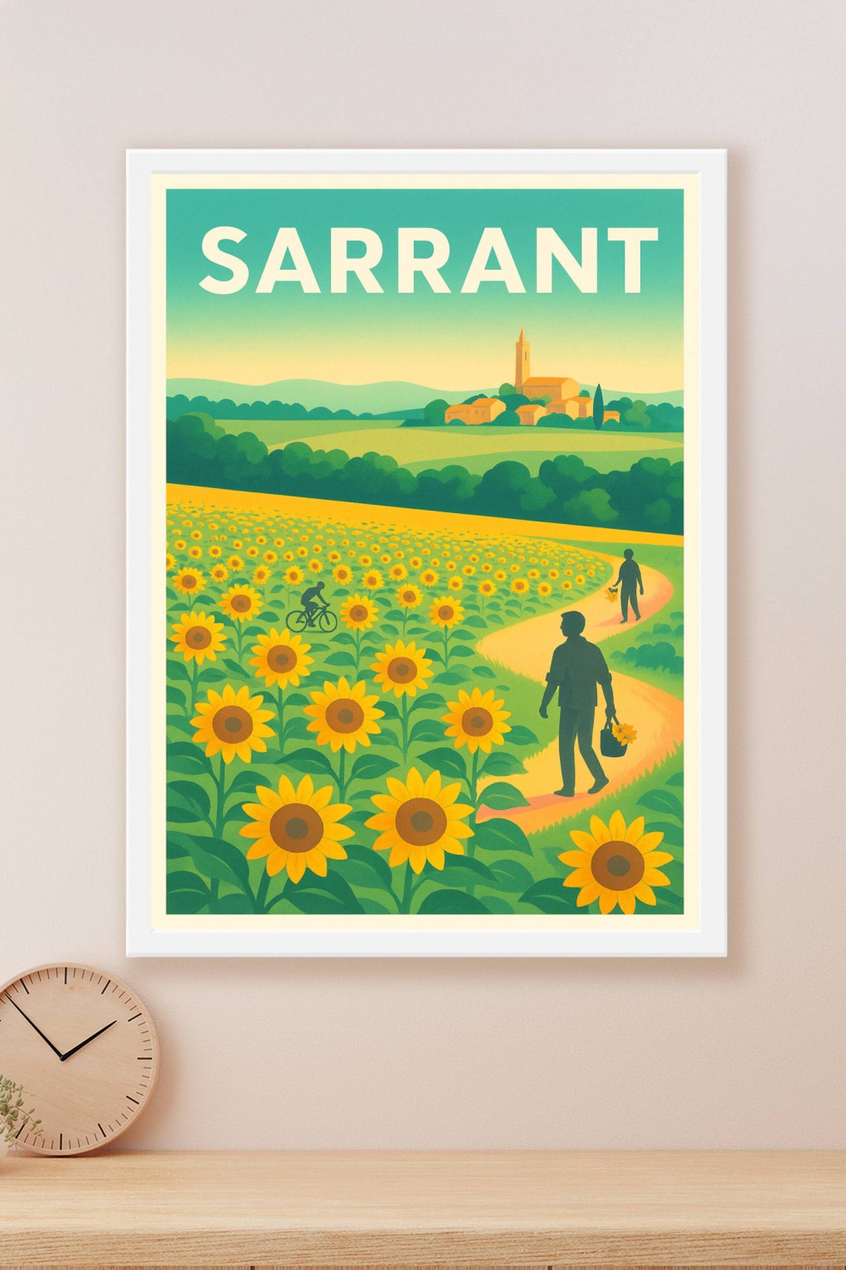 Affiche Sarrant — Promenade au cœur des champs de tournesols · poster d'art de Sarrant