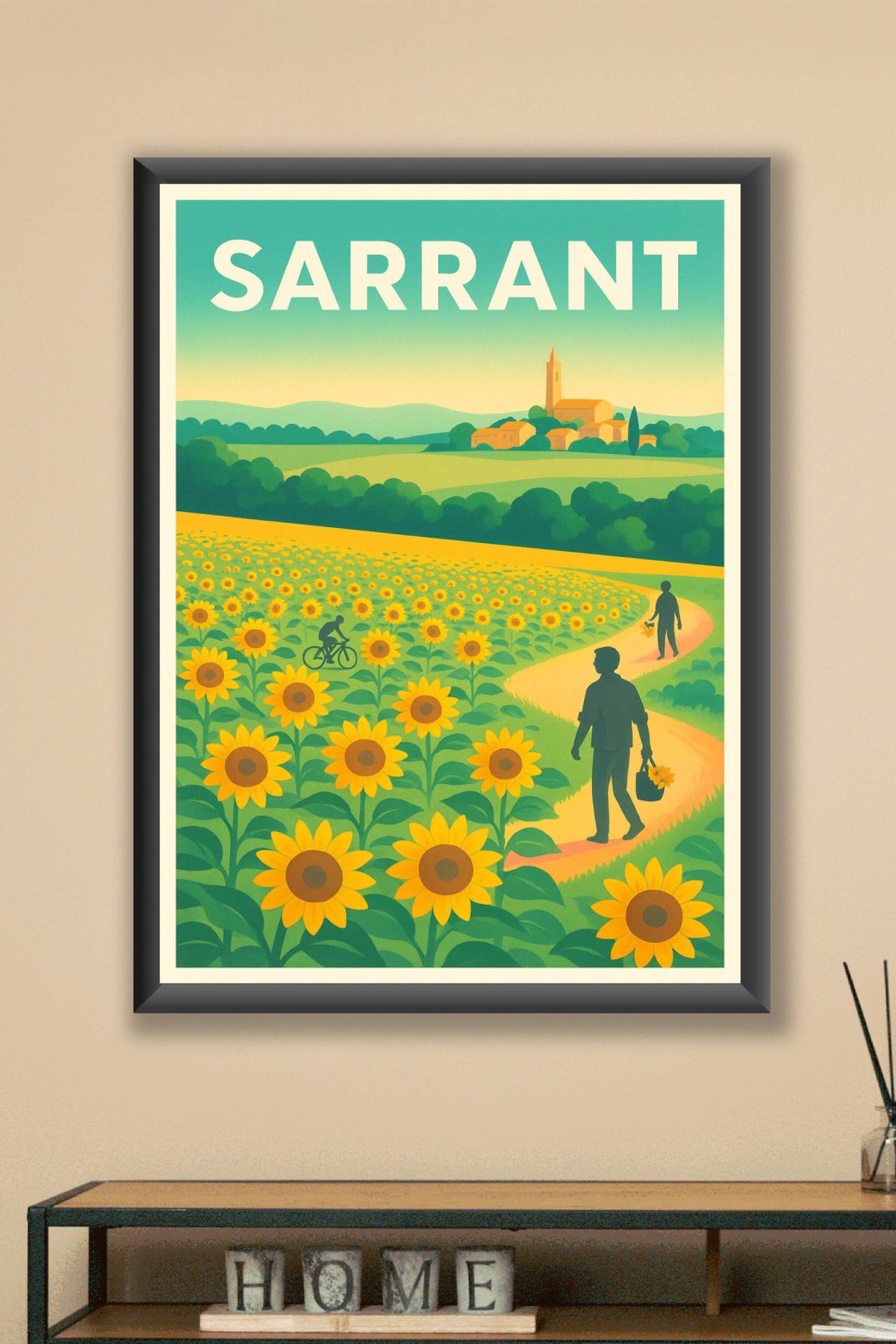 Affiche Sarrant — Promenade au cœur des champs de tournesols · poster d'art de Sarrant