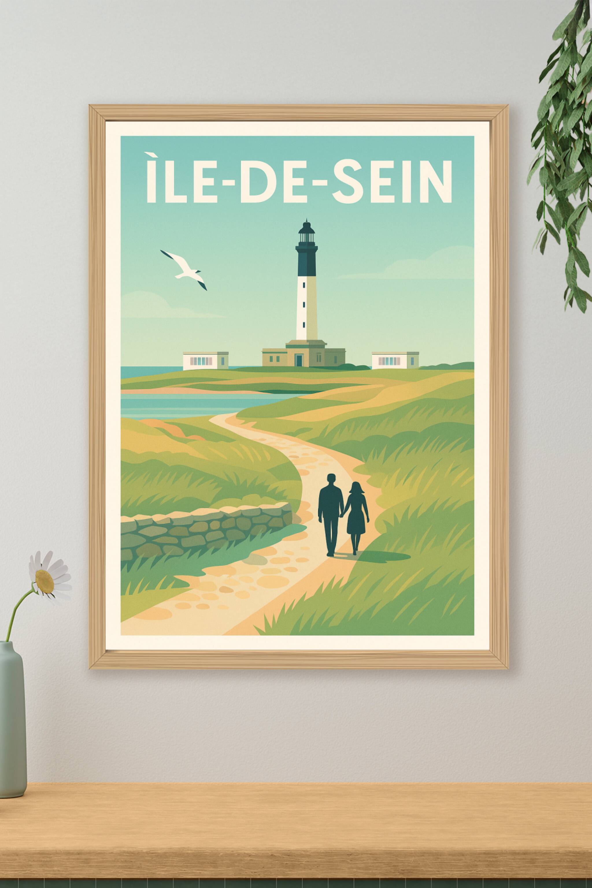 Affiche Île-de-Sein — Promenade romantique au phare emblématique · poster d'art de Île-de-Sein