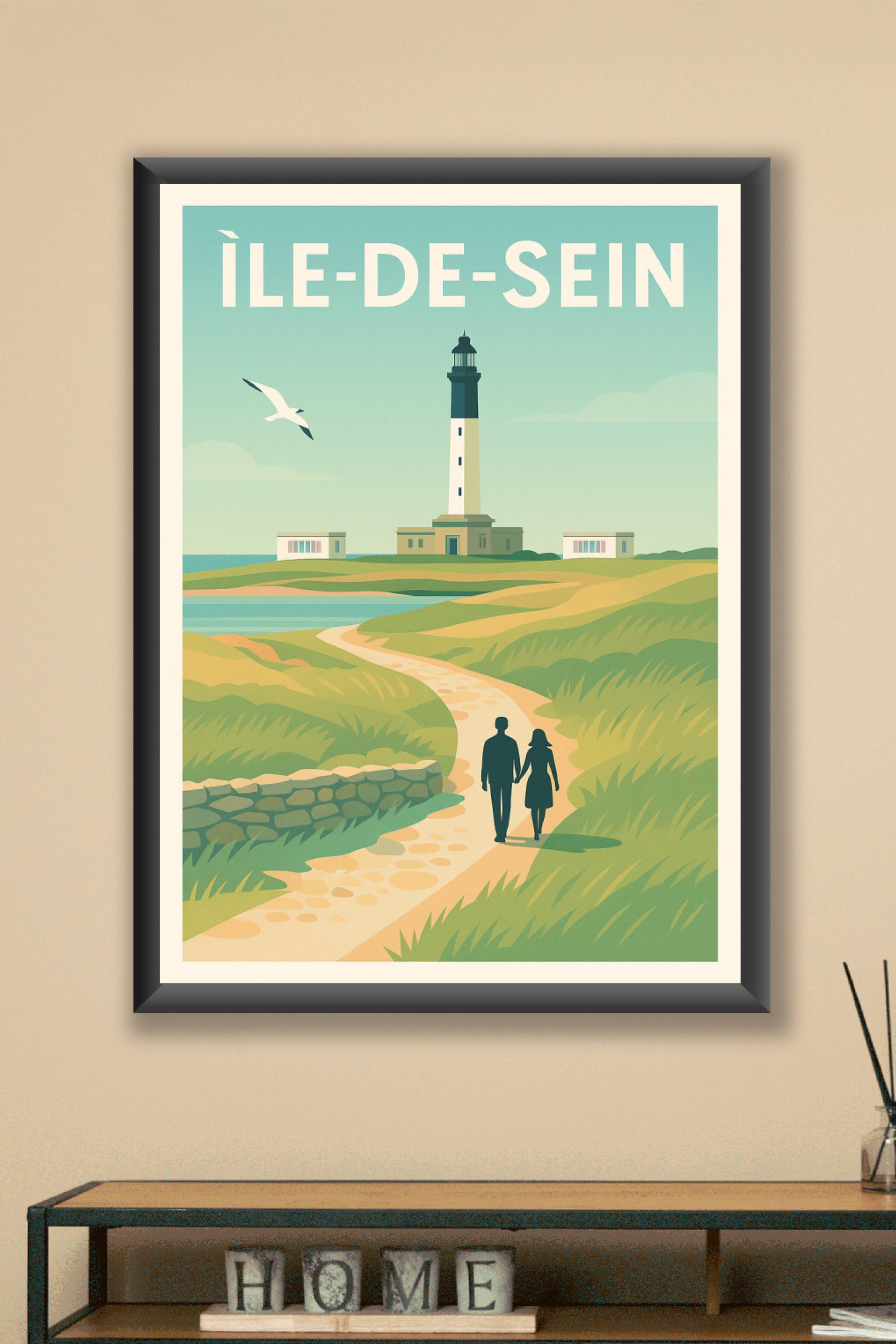 Affiche Île-de-Sein — Promenade romantique au phare emblématique · poster d'art de Île-de-Sein