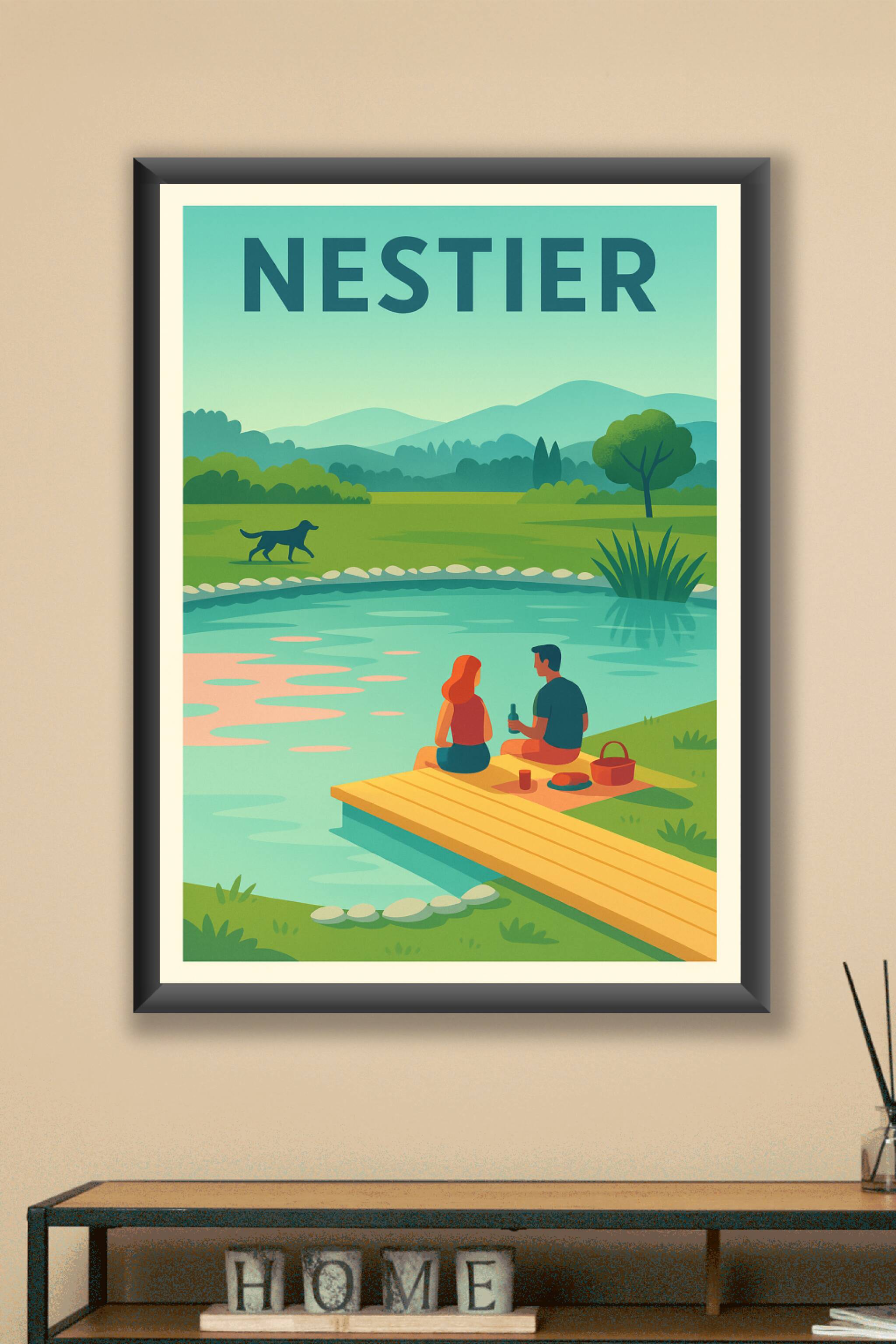 Affiche Nestier — Escapade bucolique au bord de l'eau · poster d'art de Nestier