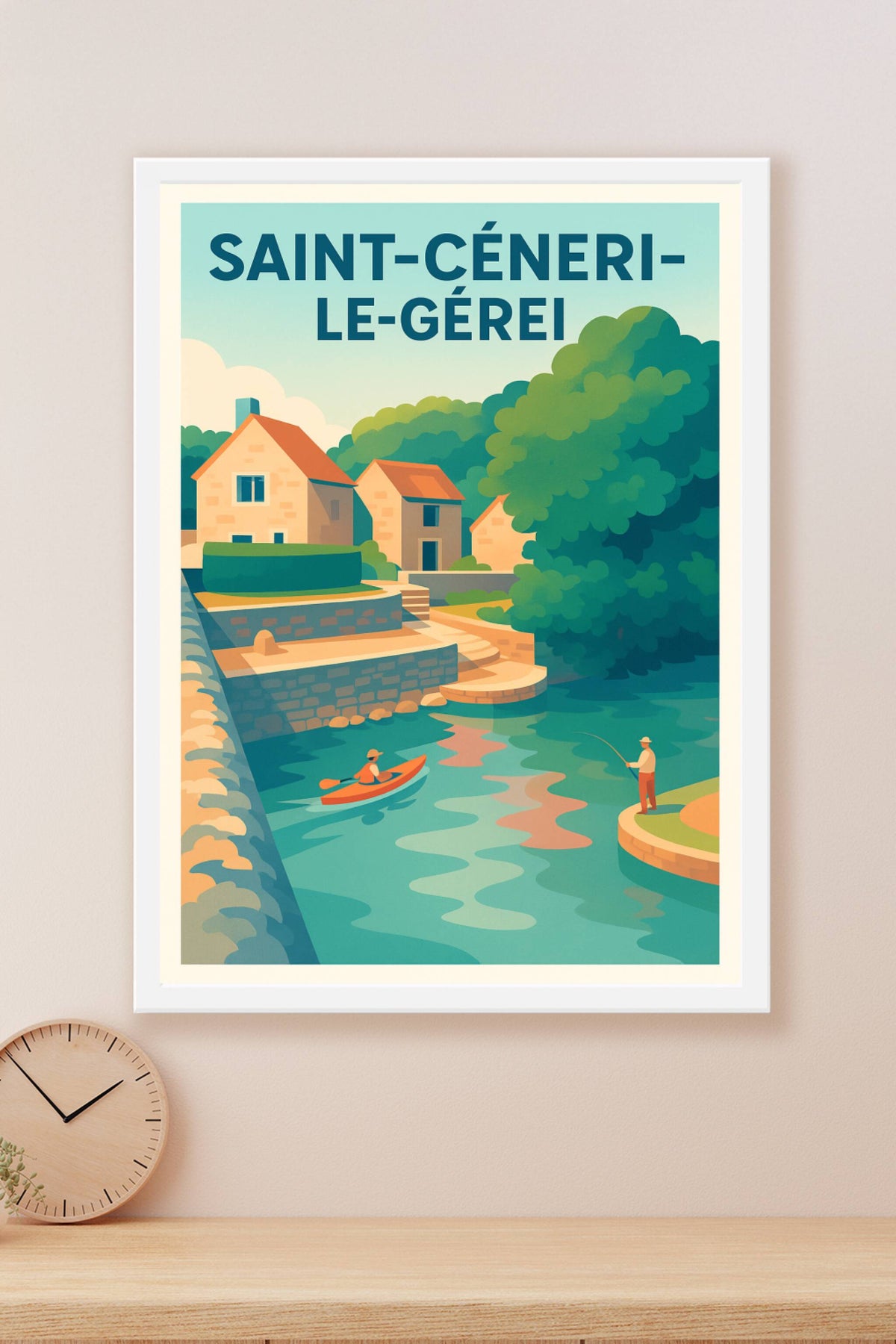 Affiche Saint-Céneri-le-Gérei — Havre de sérénité au bord de l'eau · poster d'art de Saint-Céneri-le-Gérei