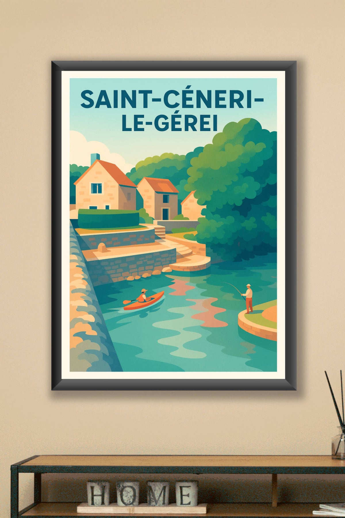 Affiche Saint-Céneri-le-Gérei — Havre de sérénité au bord de l'eau · poster d'art de Saint-Céneri-le-Gérei