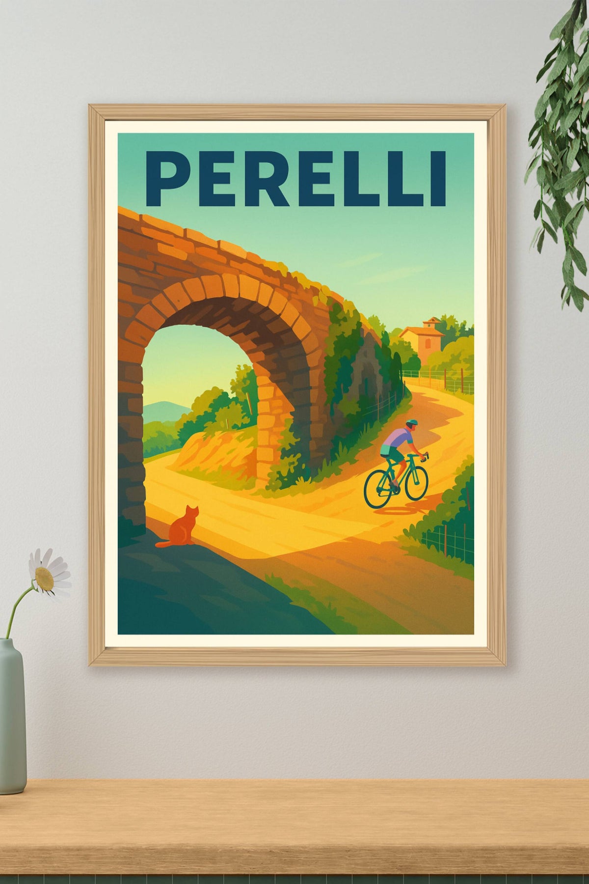 Affiche Perelli — L'évasion à vélo sous le pont ensoleillé · poster d'art de Perelli