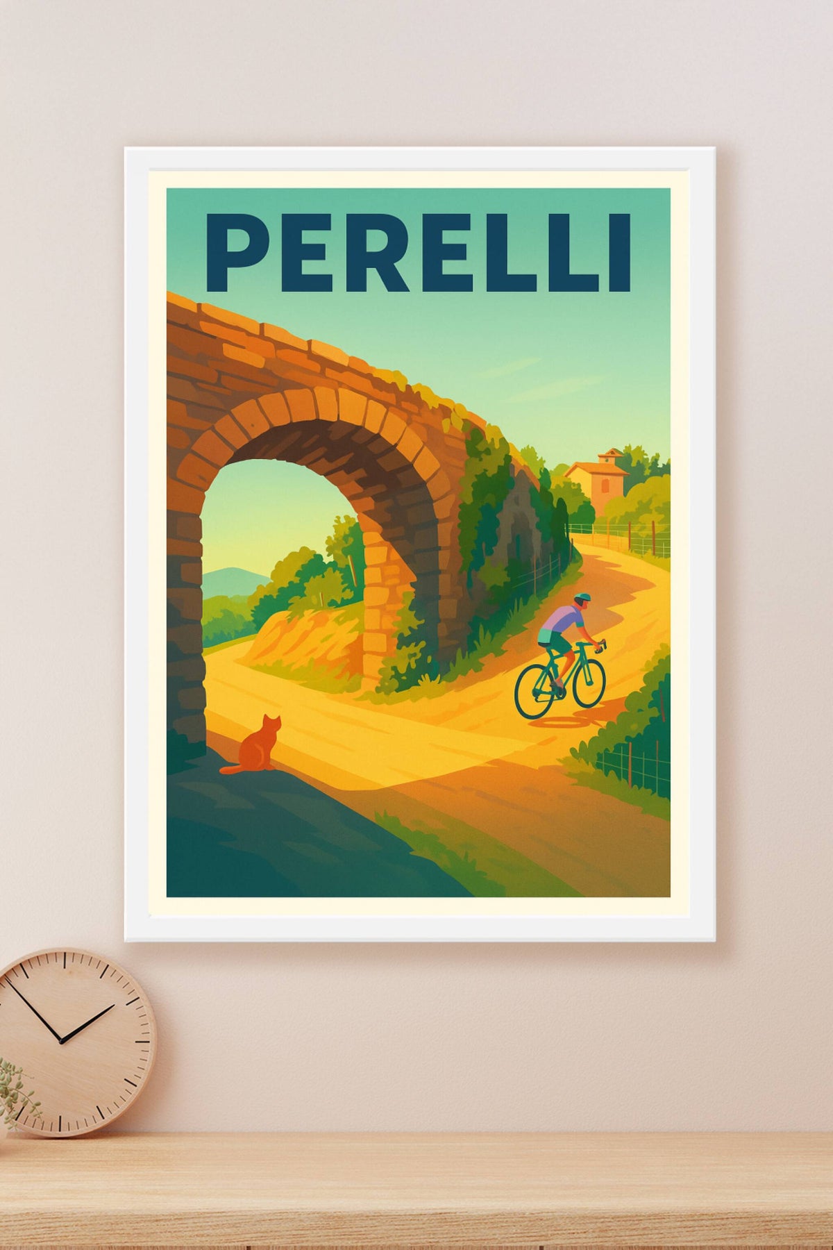 Affiche Perelli — L'évasion à vélo sous le pont ensoleillé · poster d'art de Perelli