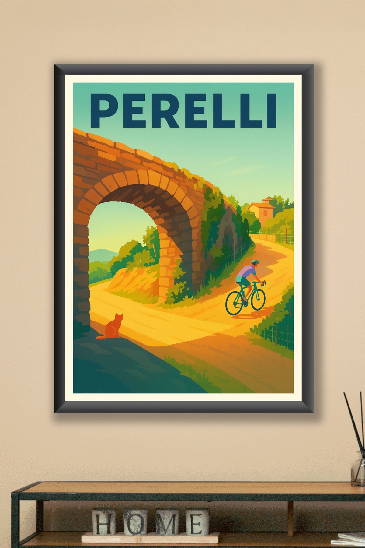 Affiche Perelli — L'évasion à vélo sous le pont ensoleillé · poster d'art de Perelli
