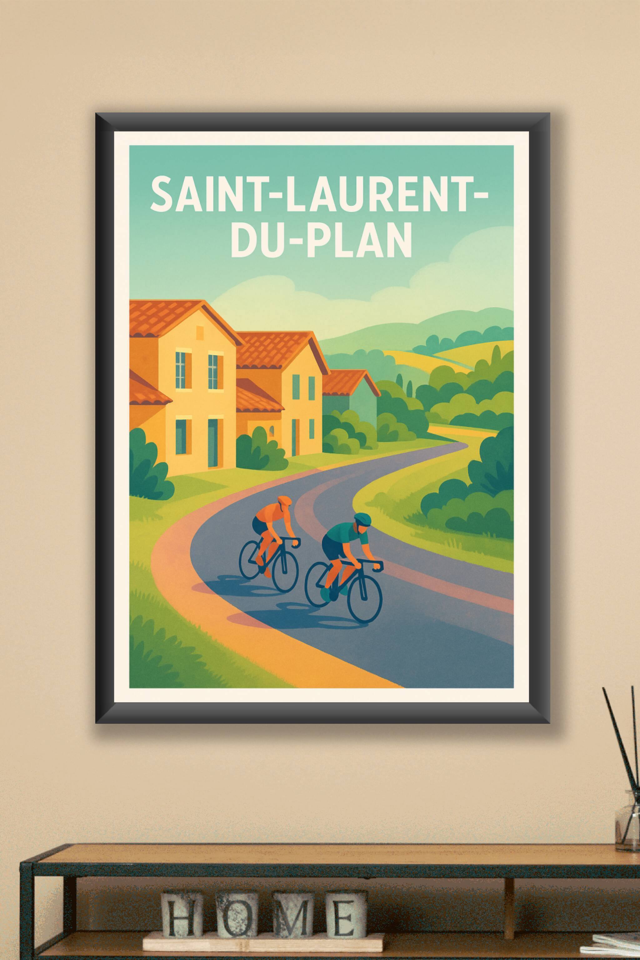 Affiche Saint-Laurent-du-Plan — Escapade à vélo au cœur de la campagne · poster d'art de Saint-Laurent-du-Plan