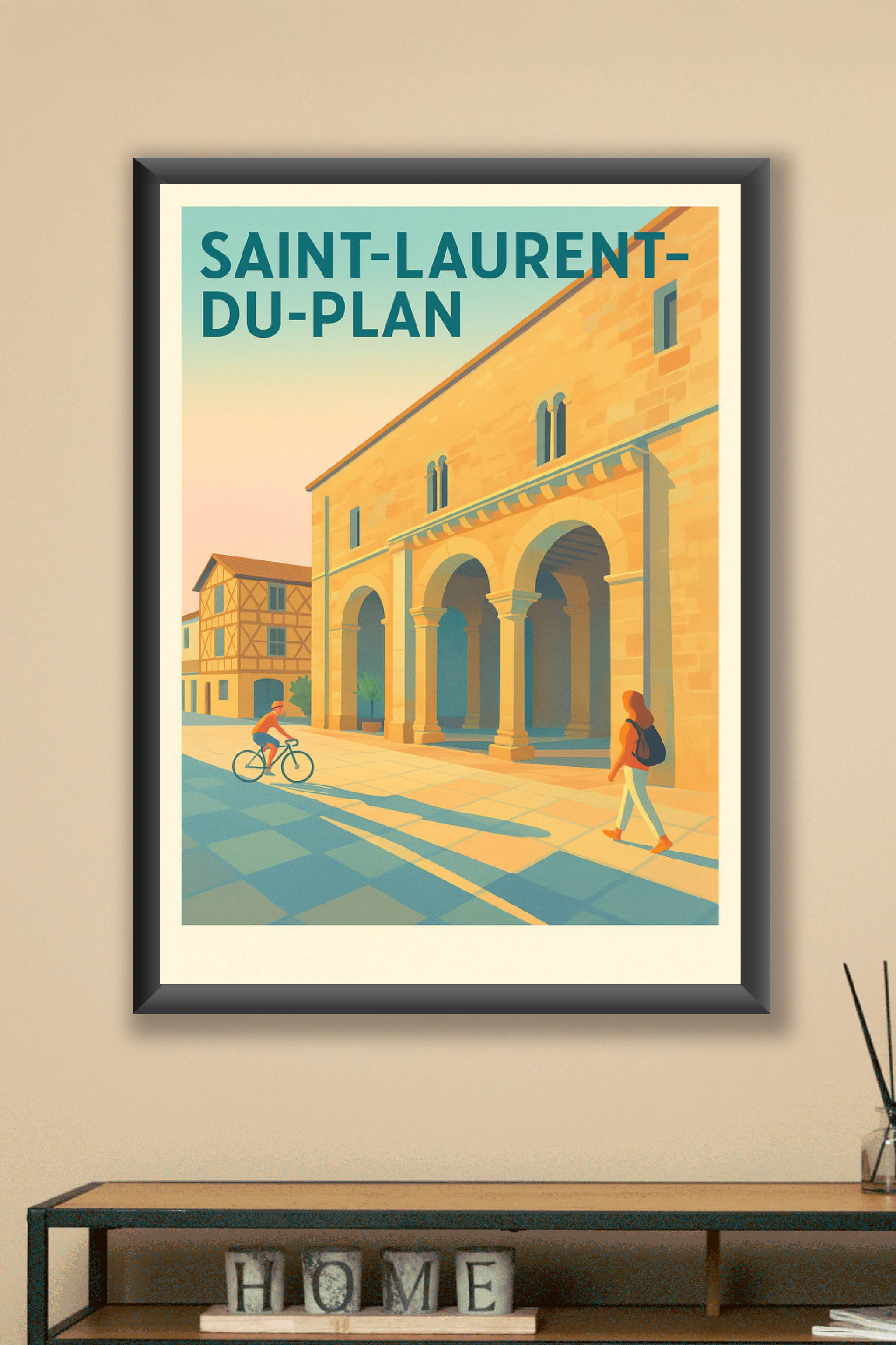 Affiche Saint-Laurent-du-Plan — L'architecture ensoleillée au cœur du village · poster d'art de Saint-Laurent-du-Plan
