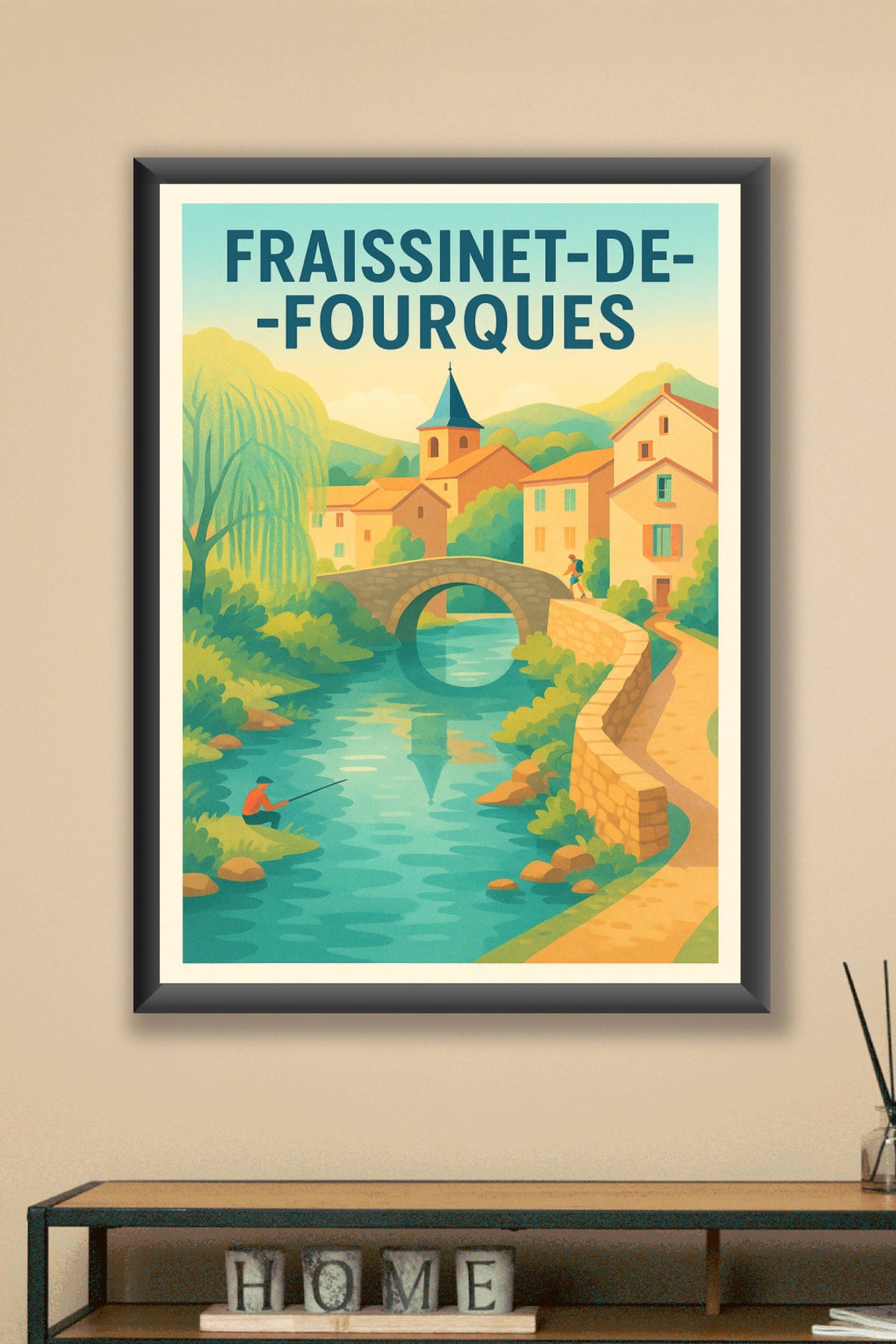 Affiche Fraissinet-de-Fourques — Charme paisible du village au bord de l'eau · poster d'art de Fraissinet-de-Fourques