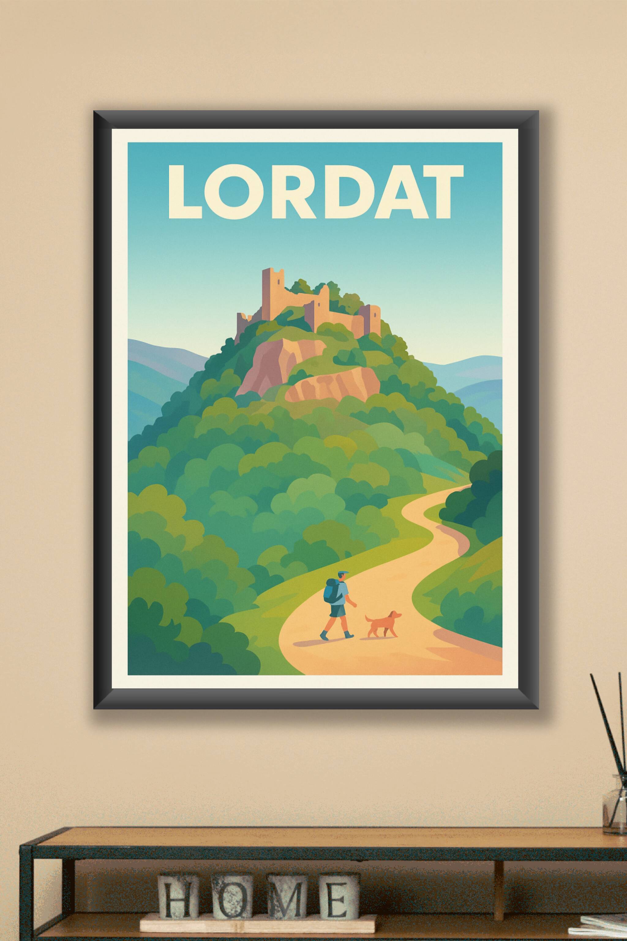 Affiche Lordat — Invitation à la randonnée et au patrimoine · poster d'art de Lordat