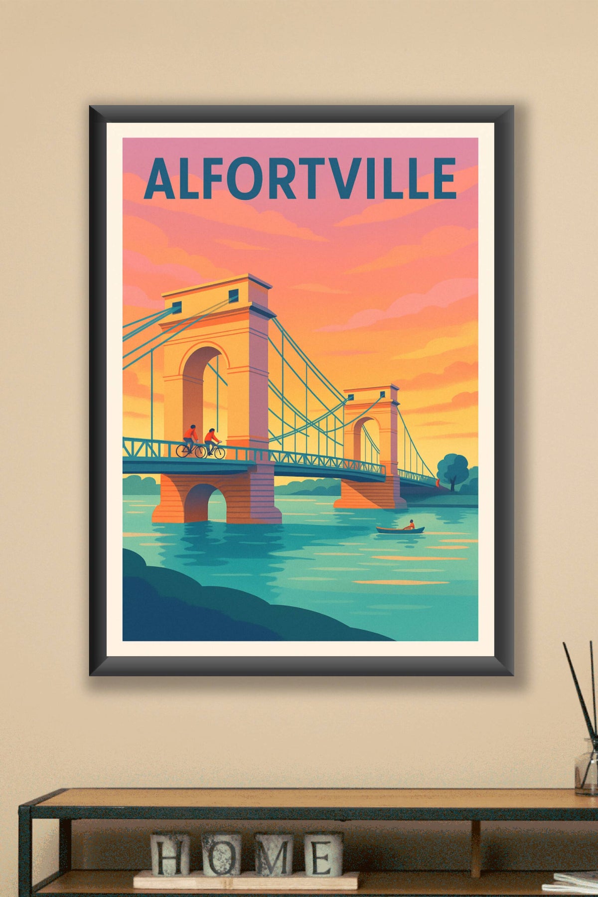 Affiche Alfortville — L'élégance du pont suspendu au crépuscule · poster d'art de Alfortville