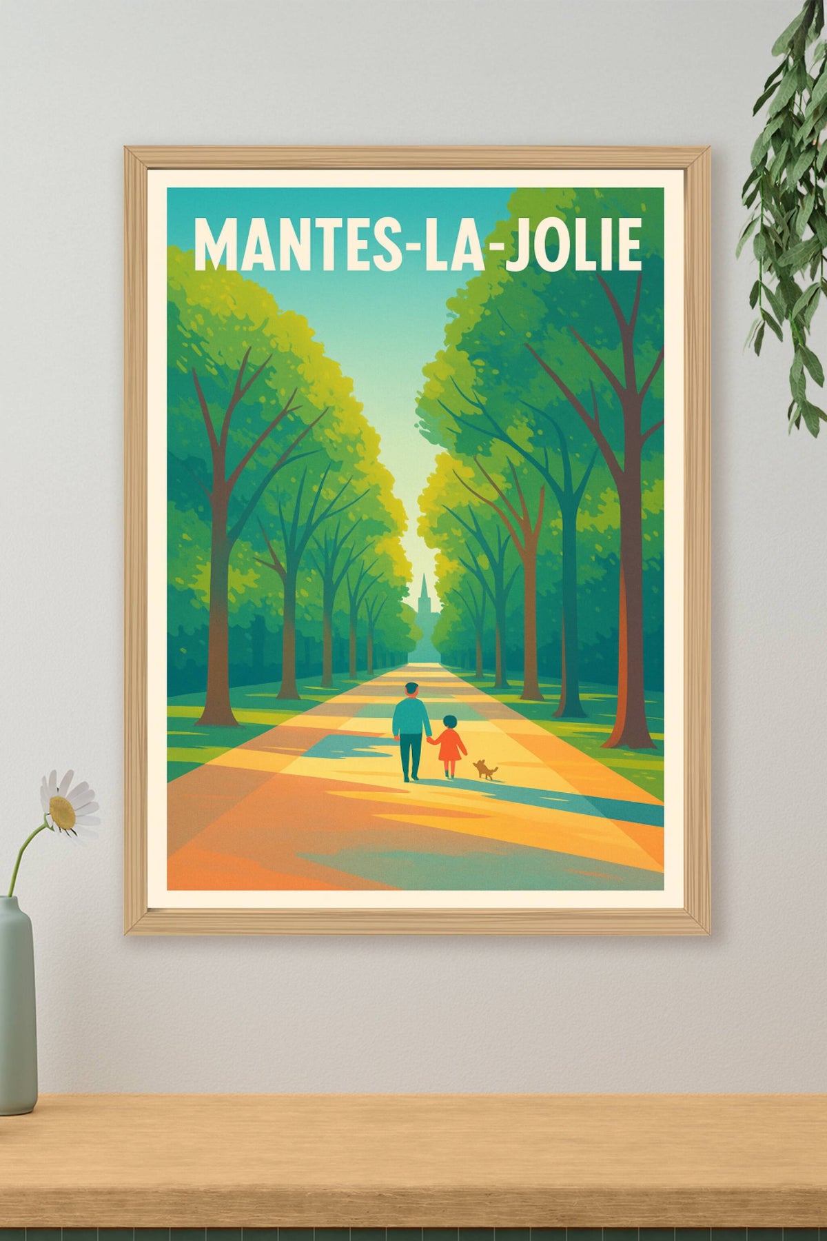 Affiche Mantes-la-Jolie — Promenade bucolique sous les arbres · poster d'art de Mantes-la-Jolie