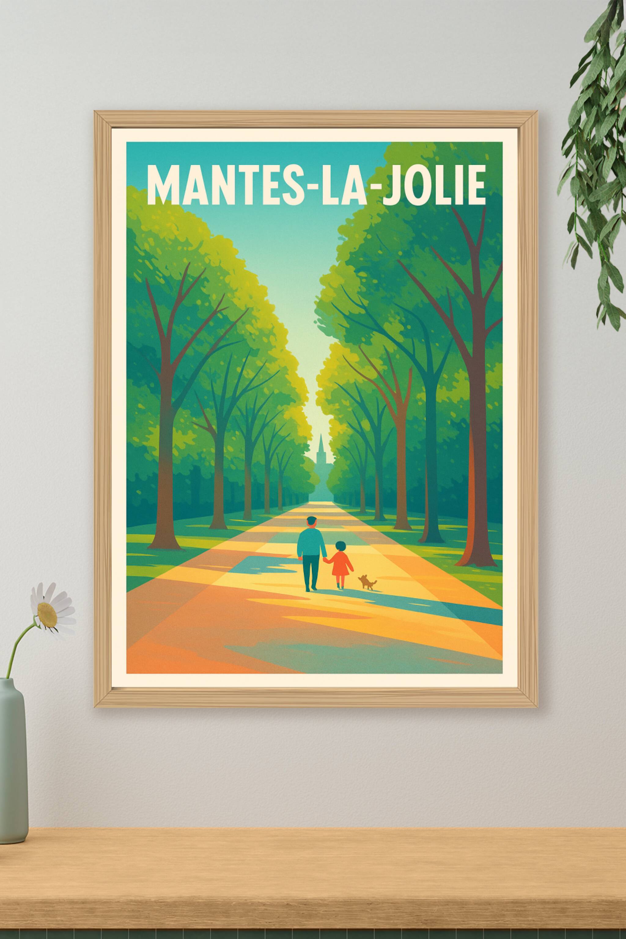 Affiche Mantes-la-Jolie — Promenade bucolique sous les arbres · poster d'art de Mantes-la-Jolie