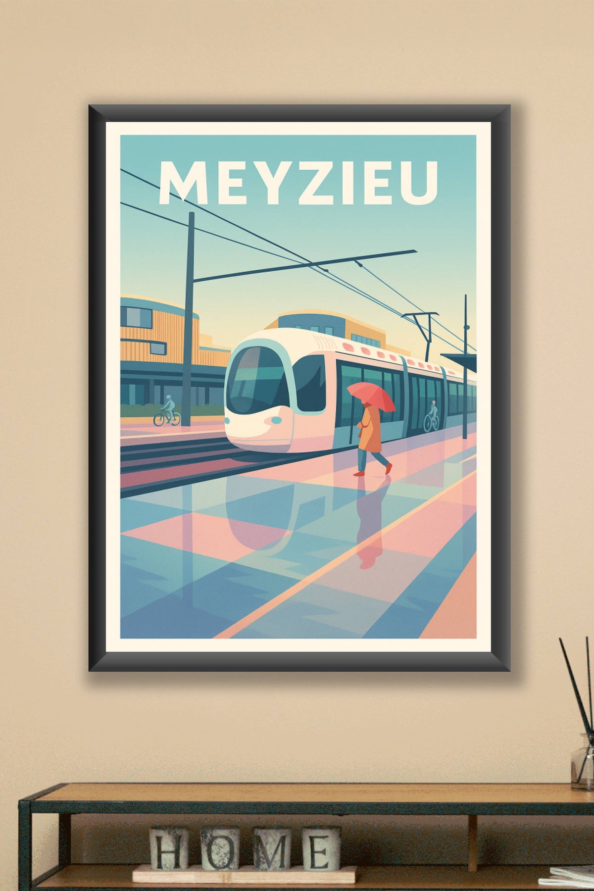 Affiche Meyzieu — La vie urbaine au rythme du tramway · poster d'art de Meyzieu