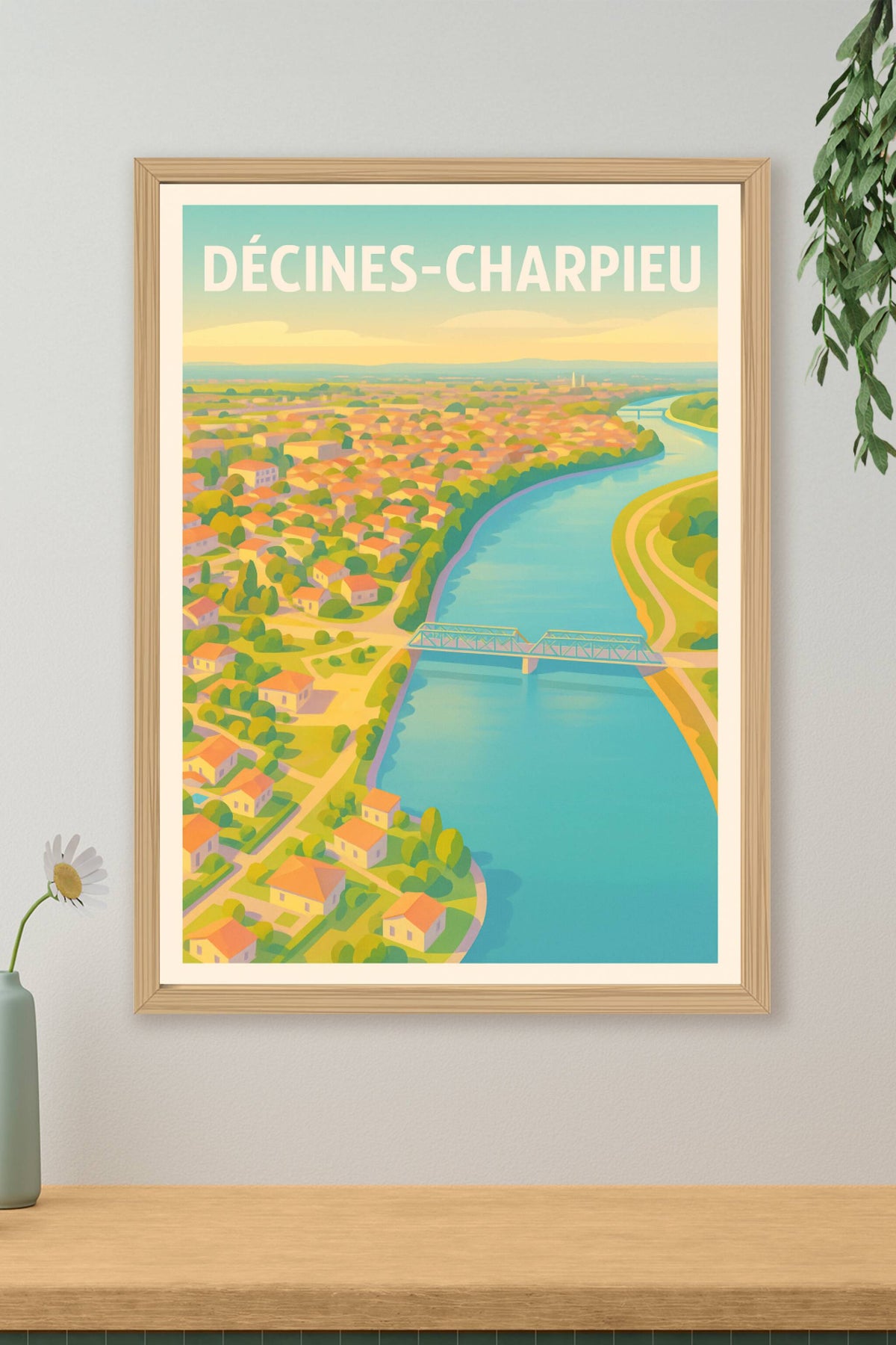 Affiche Décines-Charpieu — Panoramique nostalgique au bord de l'eau · poster d'art de Décines-Charpieu