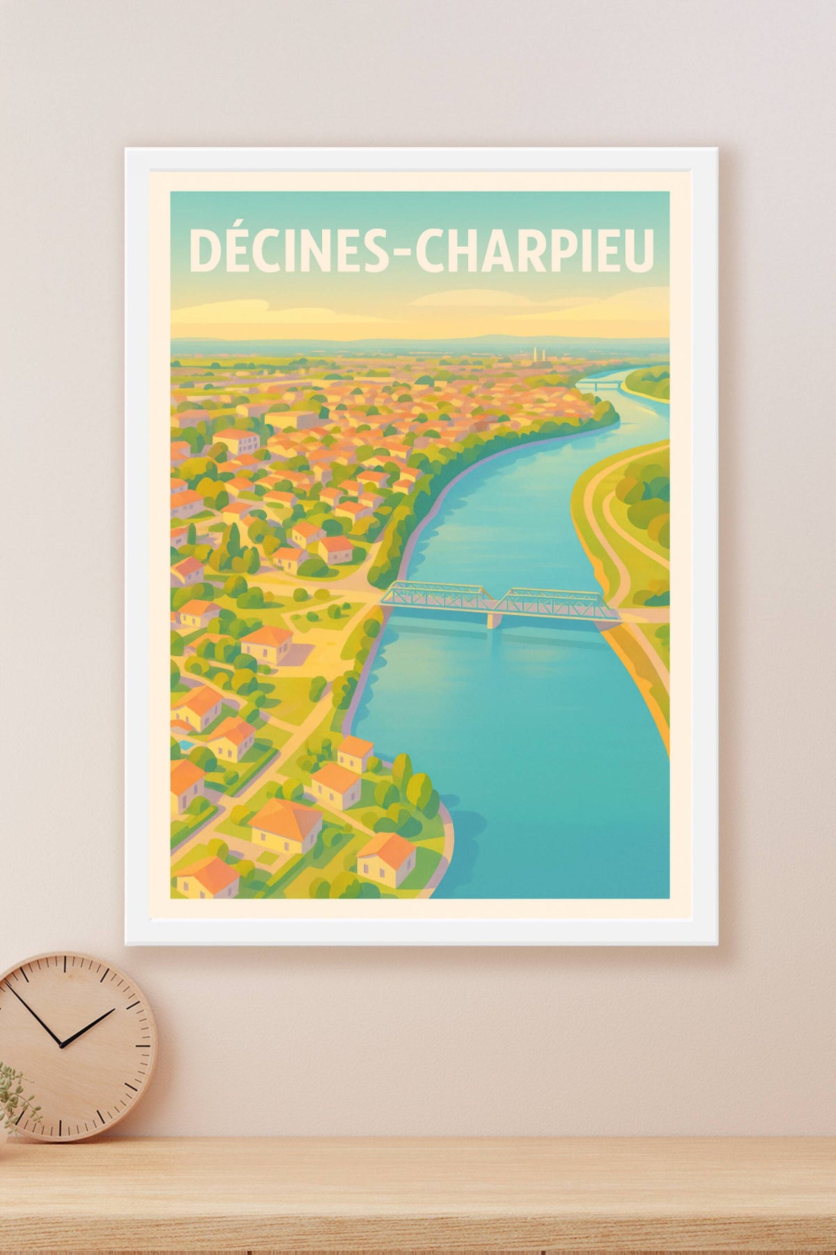 Affiche Décines-Charpieu — Panoramique nostalgique au bord de l'eau · poster d'art de Décines-Charpieu