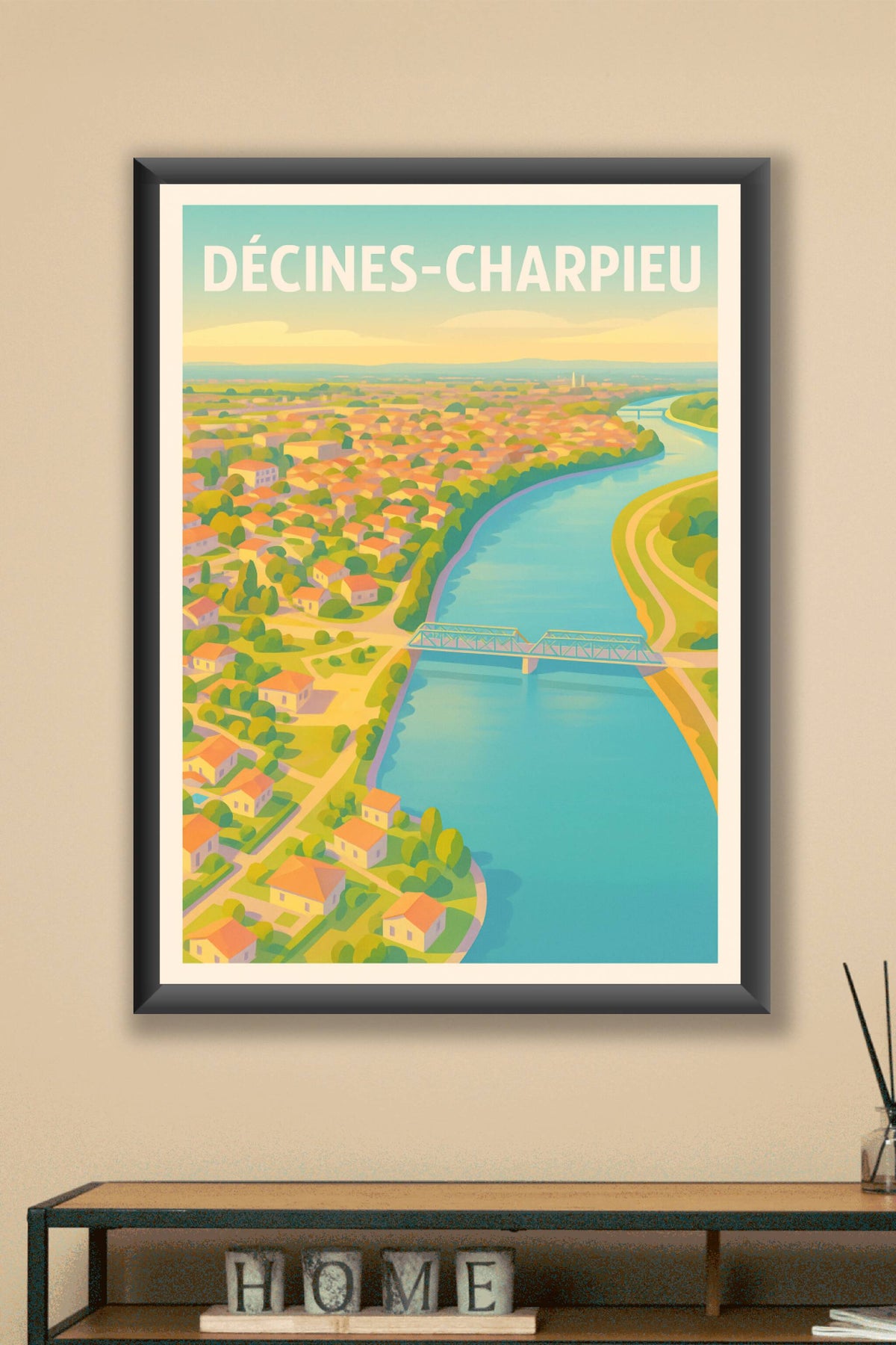 Affiche Décines-Charpieu — Panoramique nostalgique au bord de l'eau · poster d'art de Décines-Charpieu