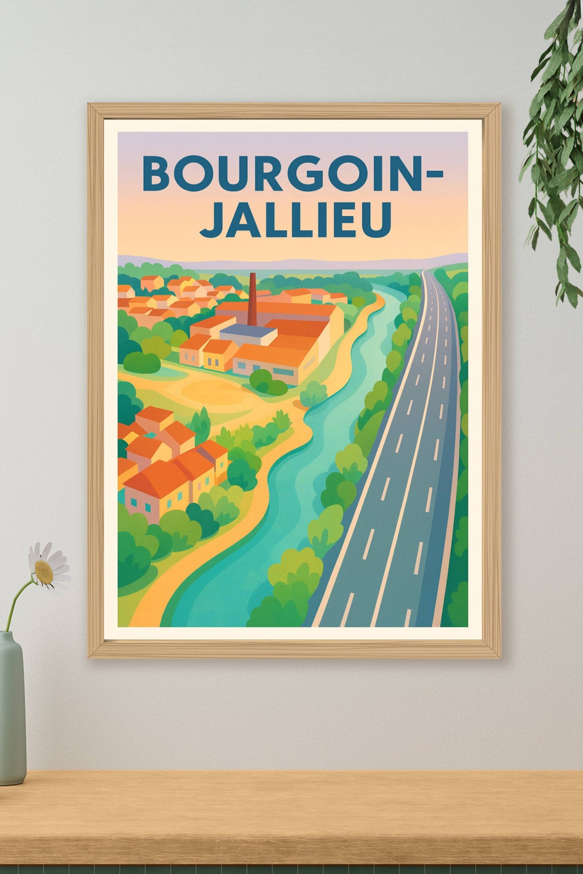 Affiche Bourgoin-Jallieu — Vue paisible entre nature et route · poster d'art de Bourgoin-Jallieu