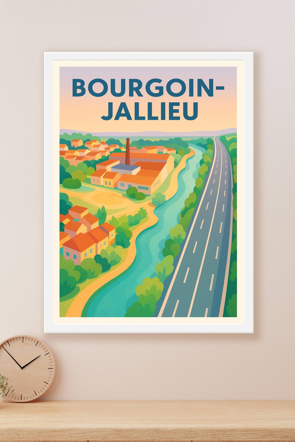 Affiche Bourgoin-Jallieu — Vue paisible entre nature et route · poster d'art de Bourgoin-Jallieu