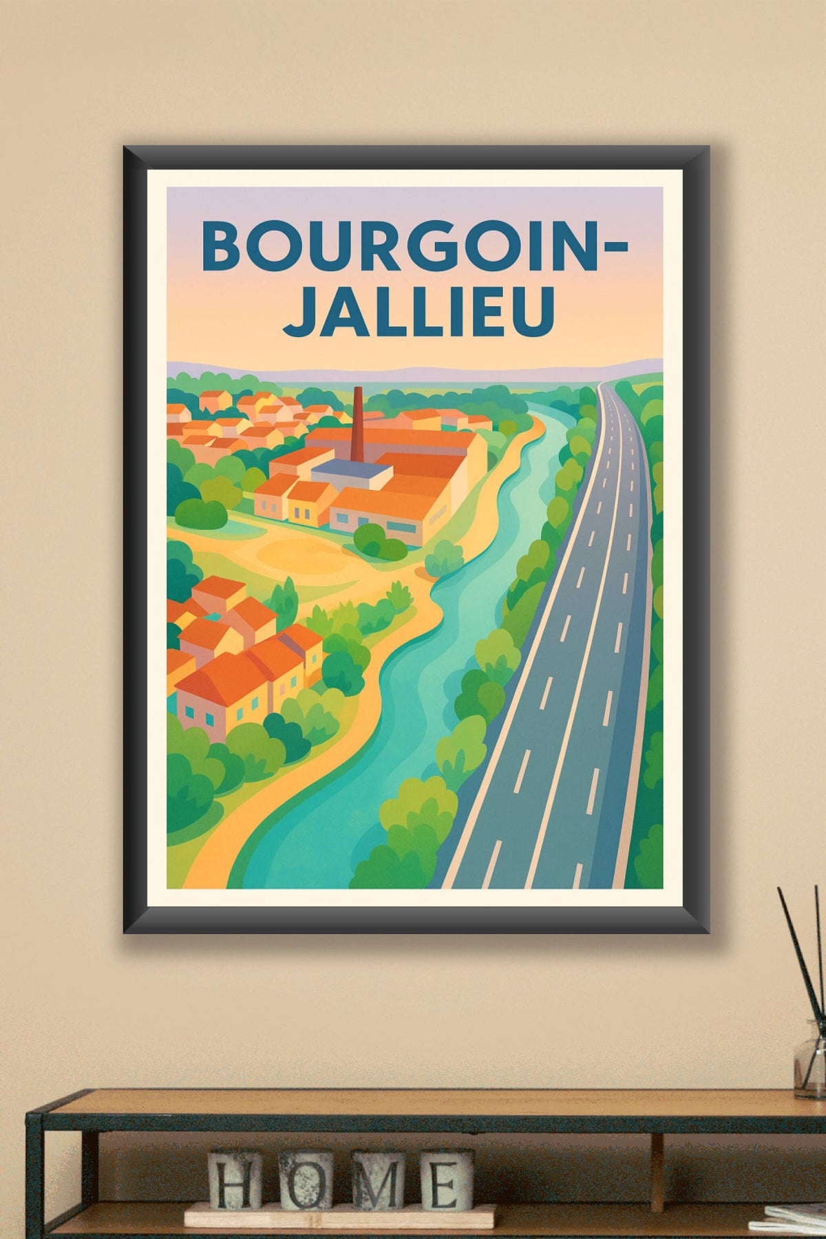 Affiche Bourgoin-Jallieu — Vue paisible entre nature et route · poster d'art de Bourgoin-Jallieu