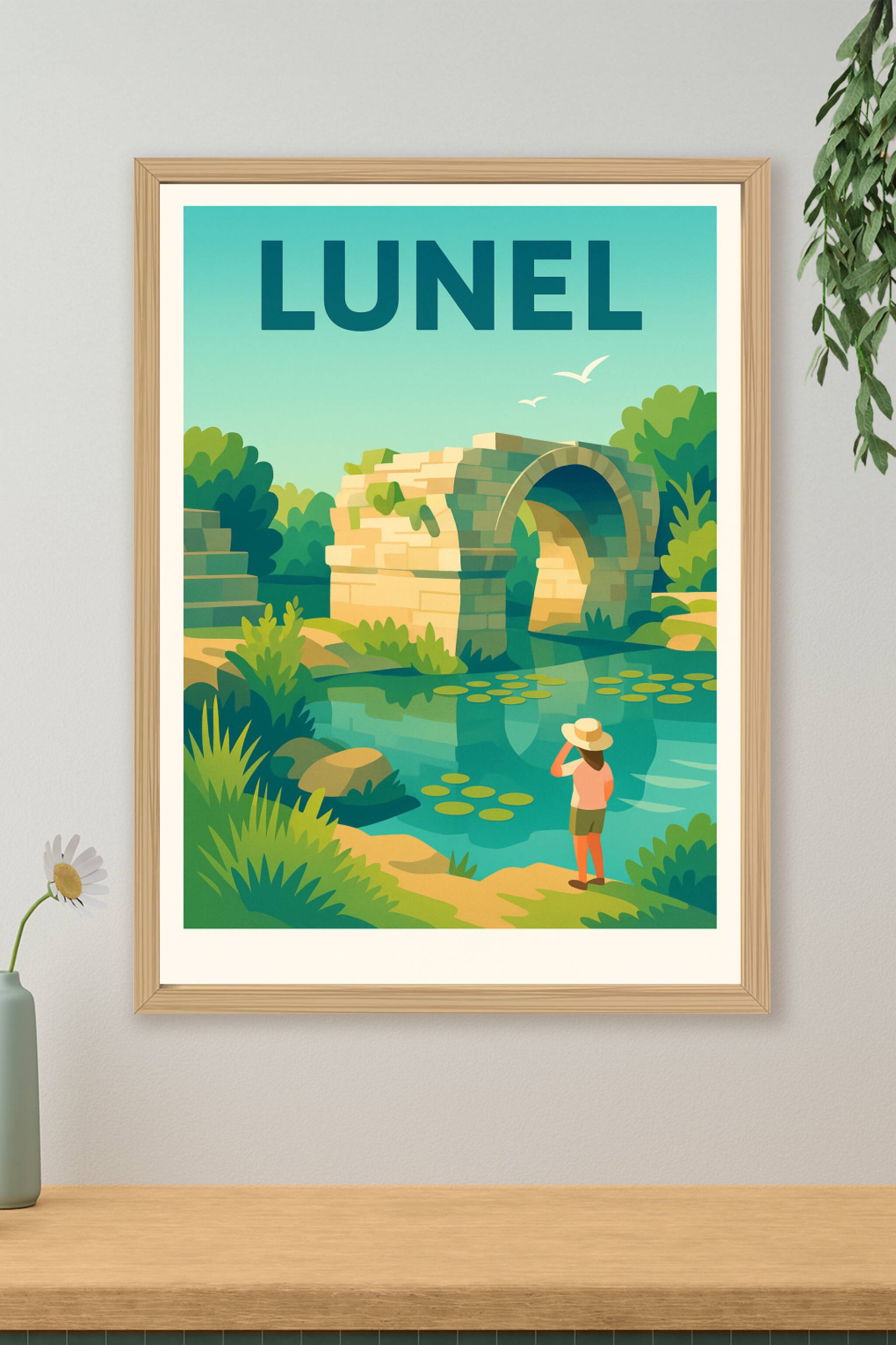 Affiche Lunel — Tranquillité aux bords de l'ancien pont · poster d'art de Lunel
