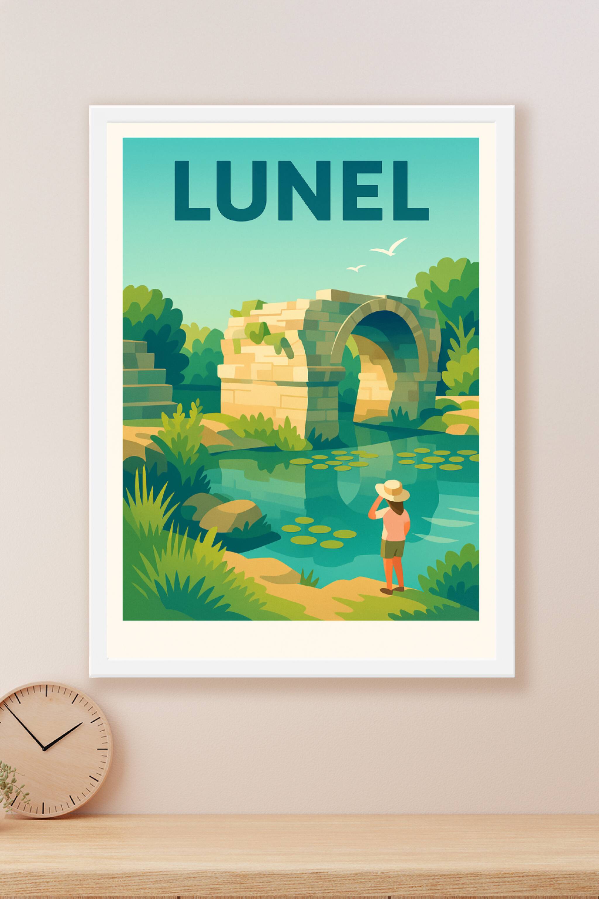 Affiche Lunel — Tranquillité aux bords de l'ancien pont · poster d'art de Lunel
