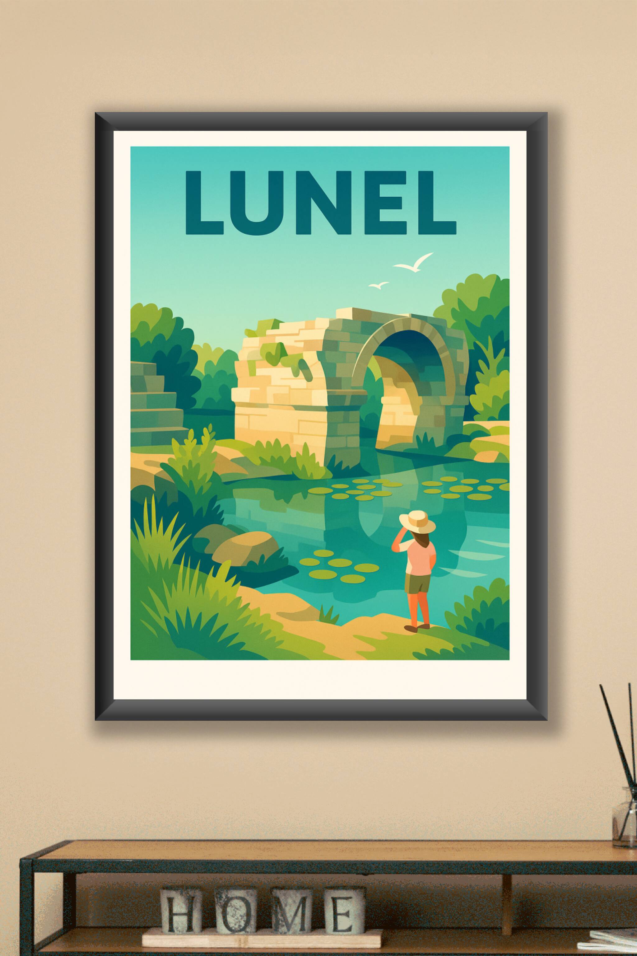Affiche Lunel — Tranquillité aux bords de l'ancien pont · poster d'art de Lunel