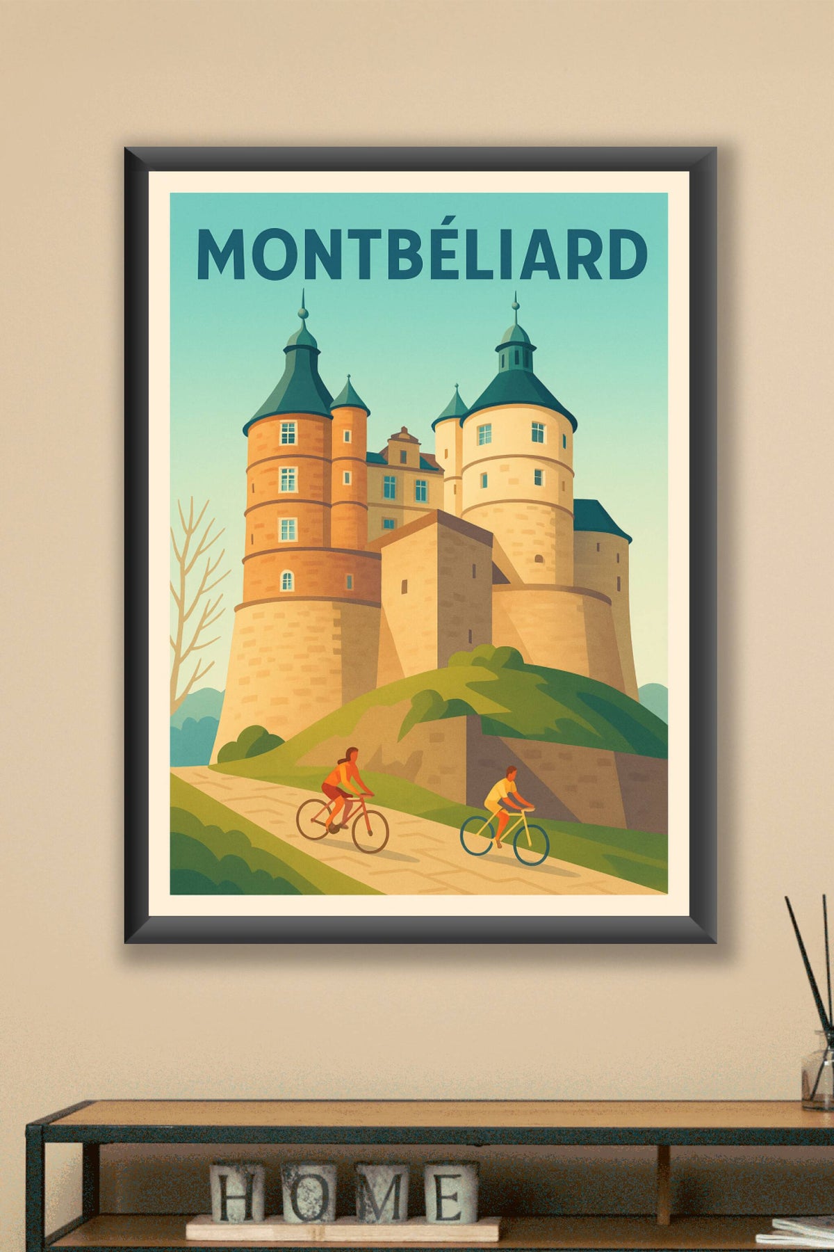 Affiche Montbéliard — À vélo au pied du Château emblématique · poster d'art de Montbéliard