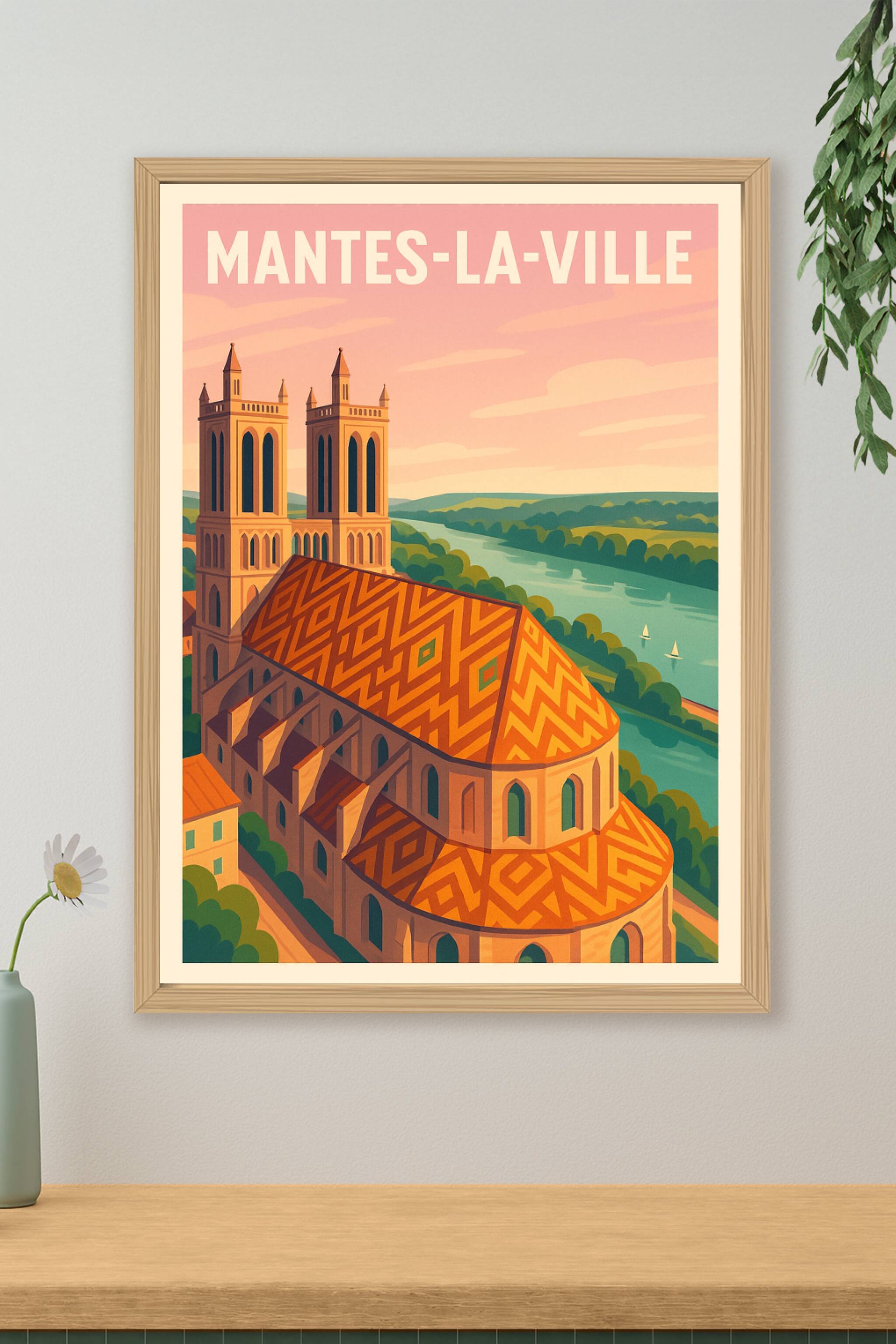 Affiche Mantes-la-Ville — Charme et patrimoine en bord de Seine · poster d'art de Mantes-la-Ville