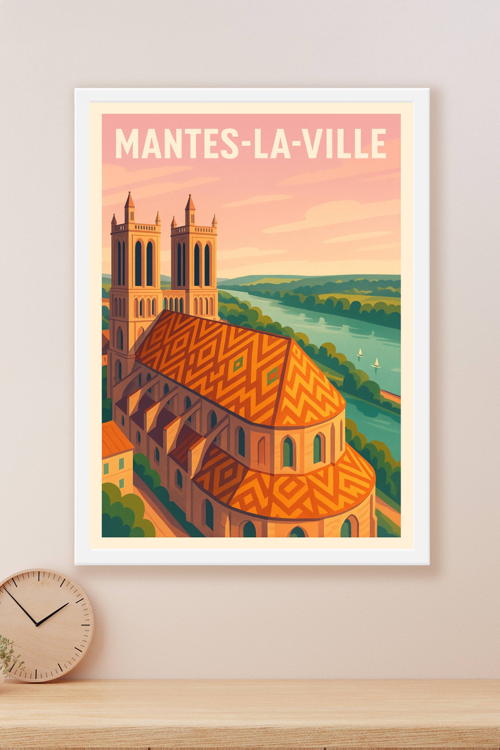 Affiche Mantes-la-Ville — Charme et patrimoine en bord de Seine · poster d'art de Mantes-la-Ville